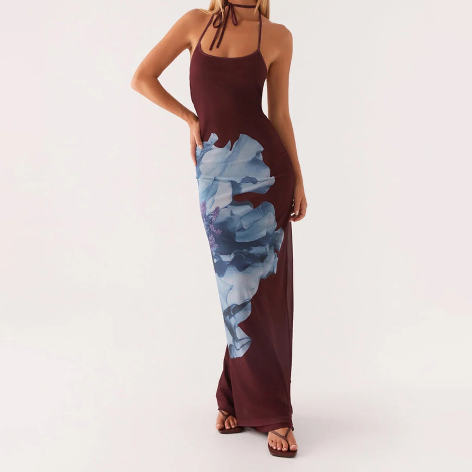 Sleeveless Laceup Open Back Floral Print Slip Dress
