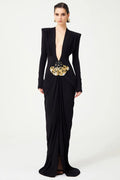 Beaded Decoration Sexy V-Neck Package Hip Black Floor Length Dress Celebrity Party Dress Woman Cocktail Outfit black
