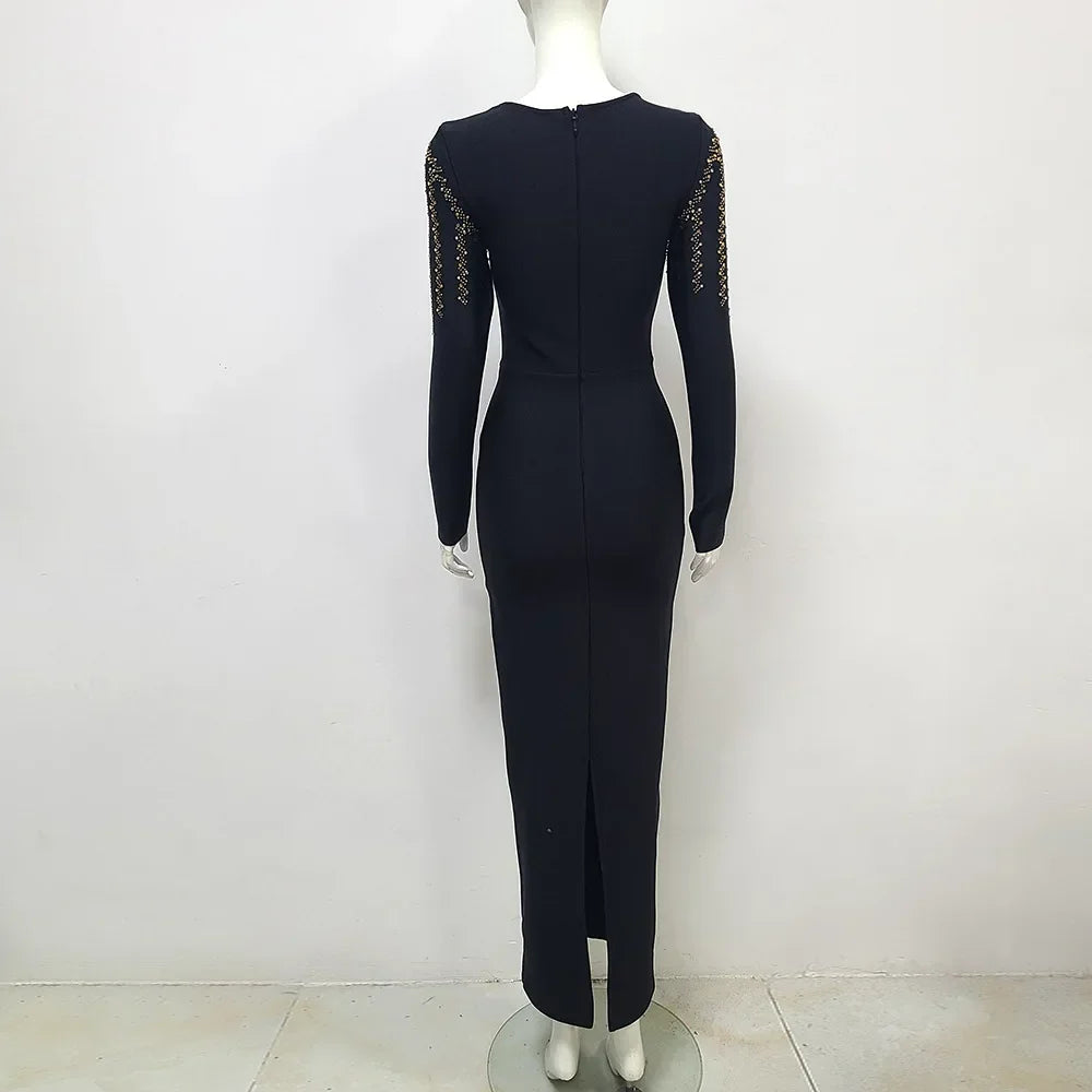 Women Long Sleeve Sexy Golden Rhinestones Bodycon Long Bandage Dress Nightclub Party Celebrate Fashion Dress
