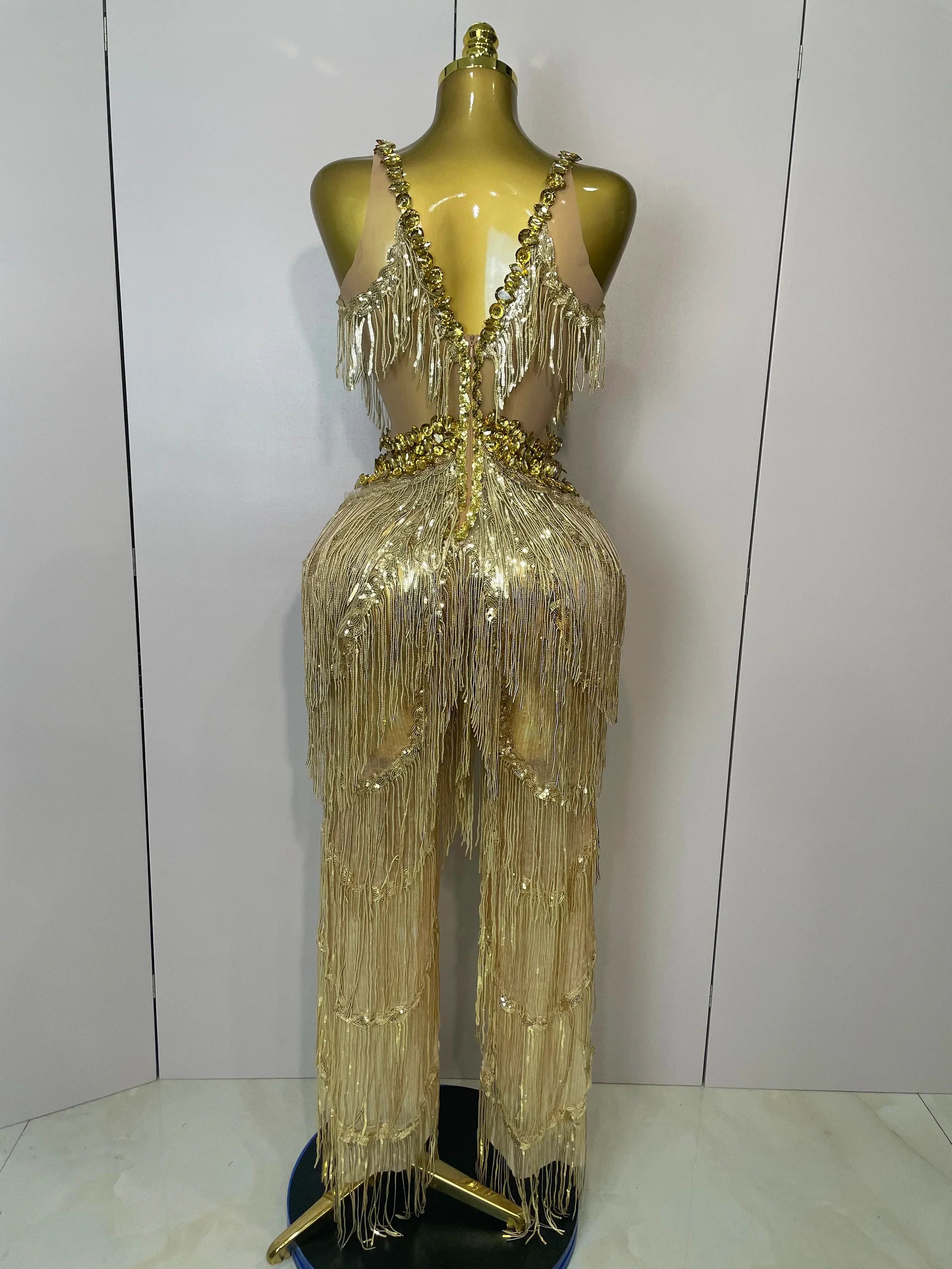 Shiny Gold Rhinestones Sequined Fringe Wide-leg jumpsuit  Women Sexy Night Party Club Outfit Singer Stage Perform Costume