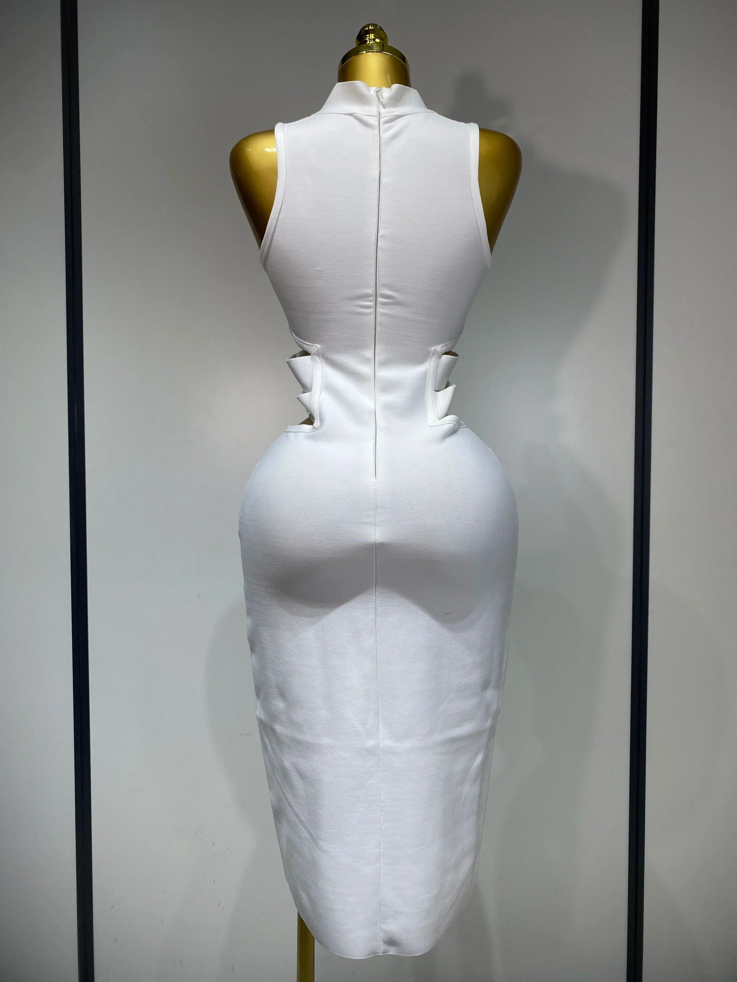 Women Sexy Turtleneck White Cut Out Midi Bodycon Bandage Dress  White Elegant Evening Party Dress Luxury Birthday Dress