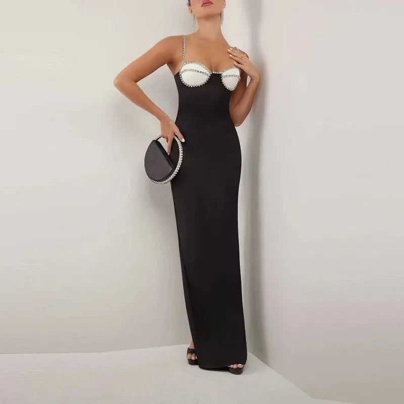 Black Red Color Women Sleeveless Sexy Strap Square Collar Bodycon Long Bandage Dress Nightclub Party Fashion Cocktail Dress