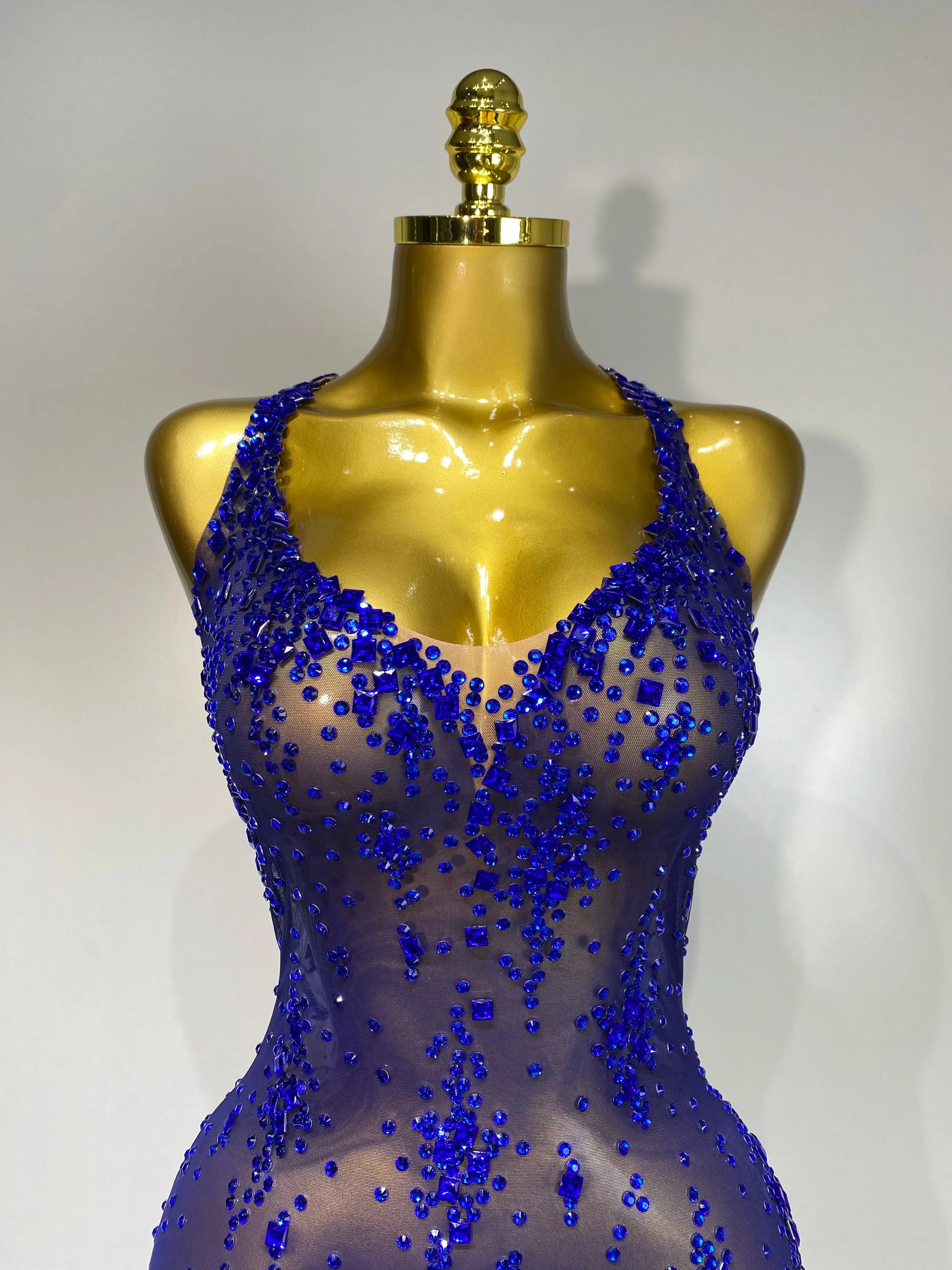 Women Sexy Luxury Birthday Prom Gowns Sparkly Diamond See Through Mesh Stretch Asymmetrical Dress Celebrity Elegant Stage Outfit