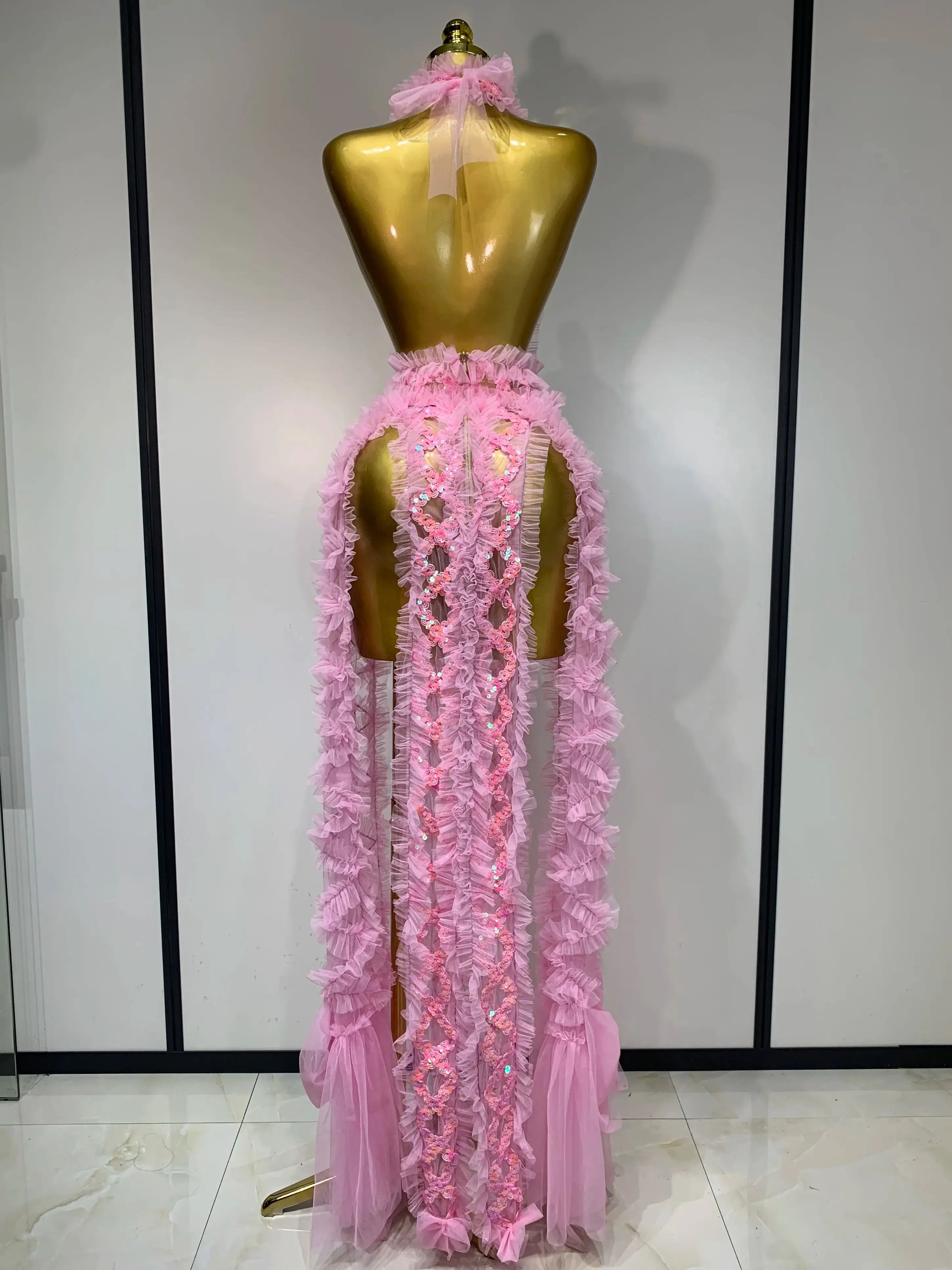 Mesh Sequins Sexy Backless Halter See Through Dress  Birthday Evening Party Prom Nightclub Singer Stage Performance Costume