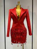Luxury Rhinestone Deep V-Neck Slim Fit Red Suit Dress New Fashion Celebirty Elegant Evening Club Party Dresses Red