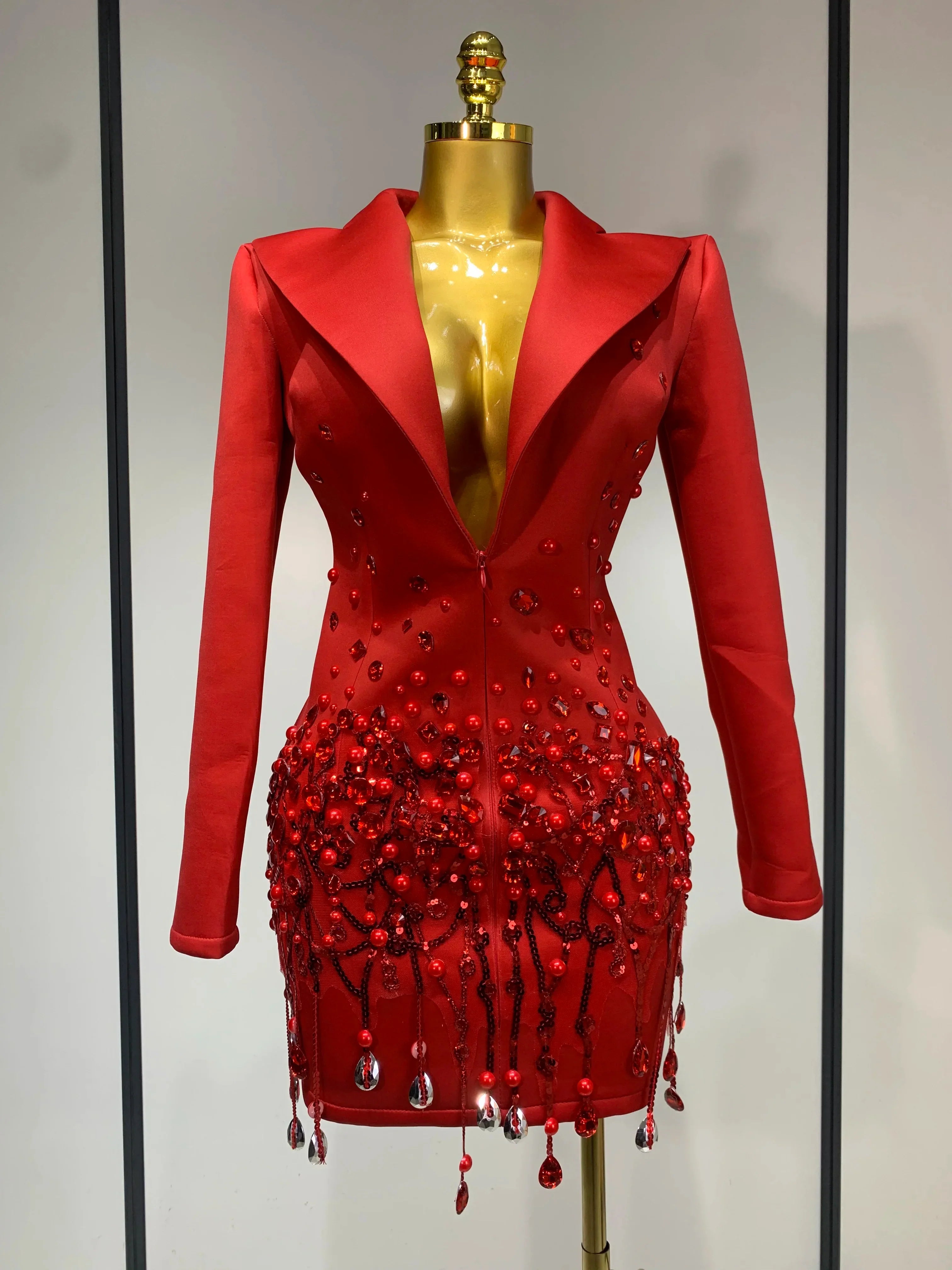 Luxury Rhinestone Deep V-Neck Slim Fit Red Suit Dress New Fashion Celebirty Elegant Evening Club Party Dresses Red