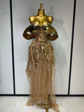 Sparkly Gold Long Dress Luxury Rhinestone Sequins See Thourgh Birthday Gown Sexy Off Shoulder Performance Singer Costume Gold