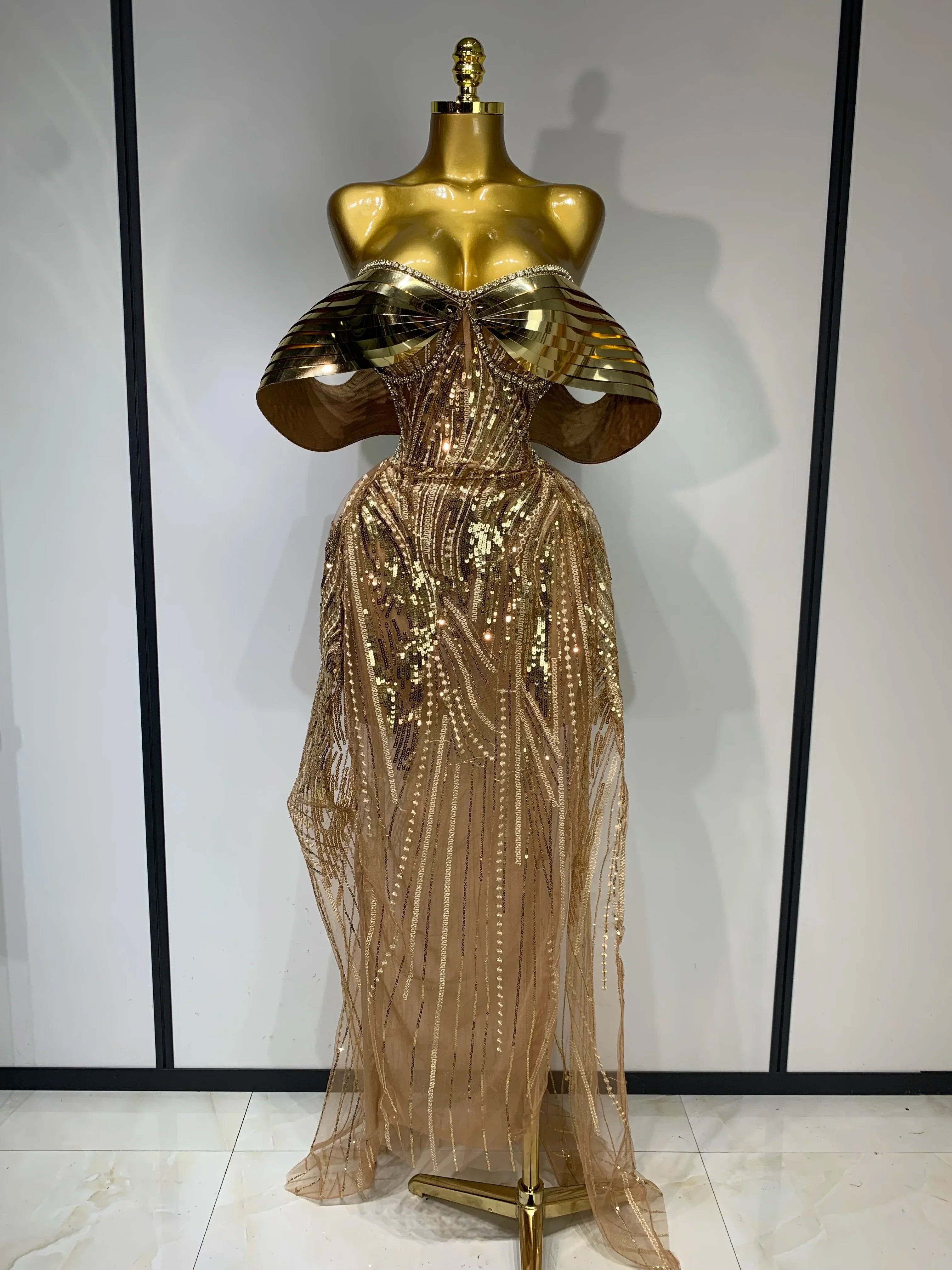 Sparkly Gold Long Dress Luxury Rhinestone Sequins See Thourgh Birthday Gown Sexy Off Shoulder Performance Singer Costume Gold