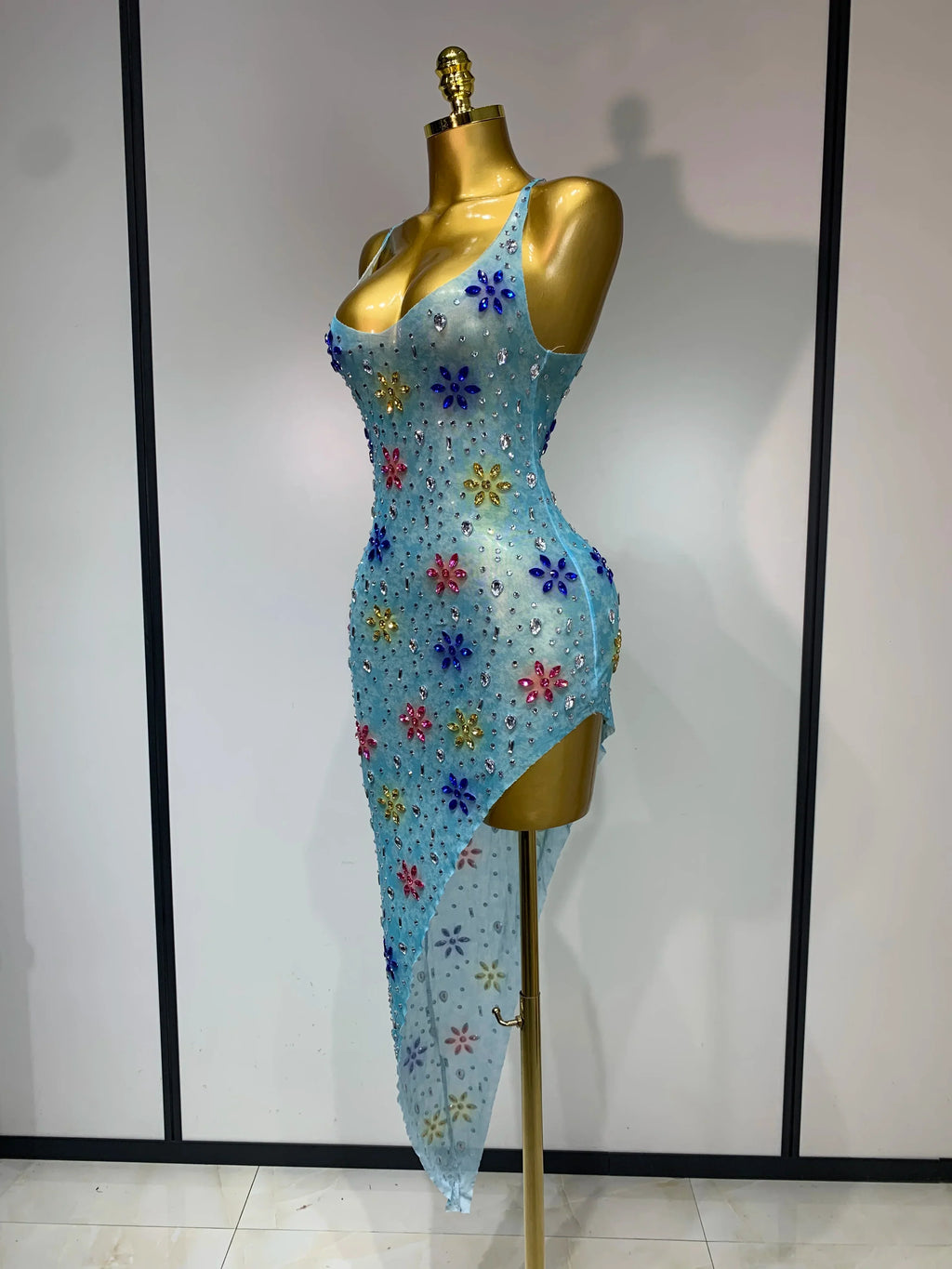 Newest Sexy Mesh High Split Sparkly Diamonds See Through Dress Luxury Birthday Dress Women Celebrate Party Stage Outfit
