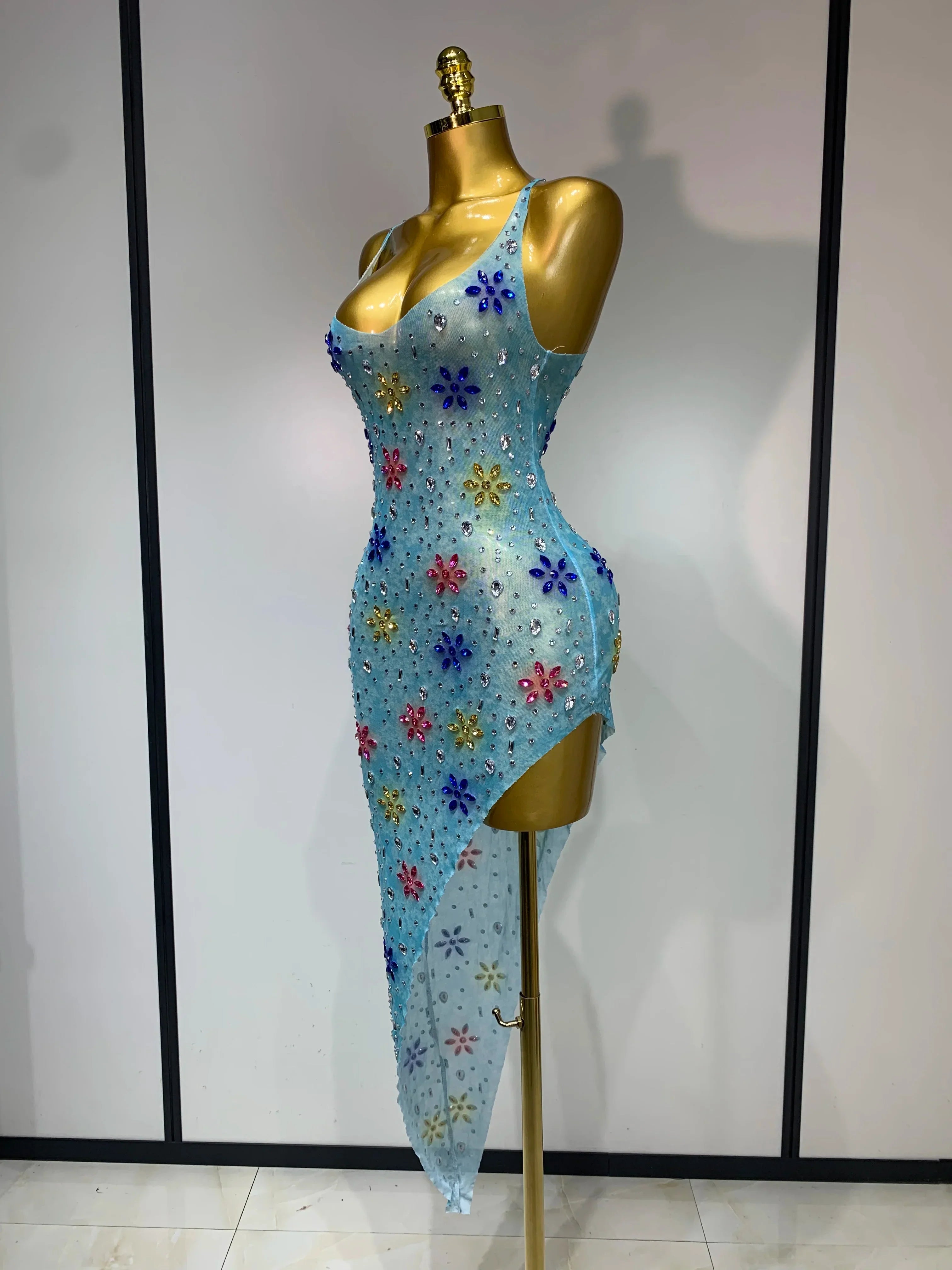 Newest Sexy Mesh High Split Sparkly Diamonds See Through Dress Luxury Birthday Dress Women Celebrate Party Stage Outfit