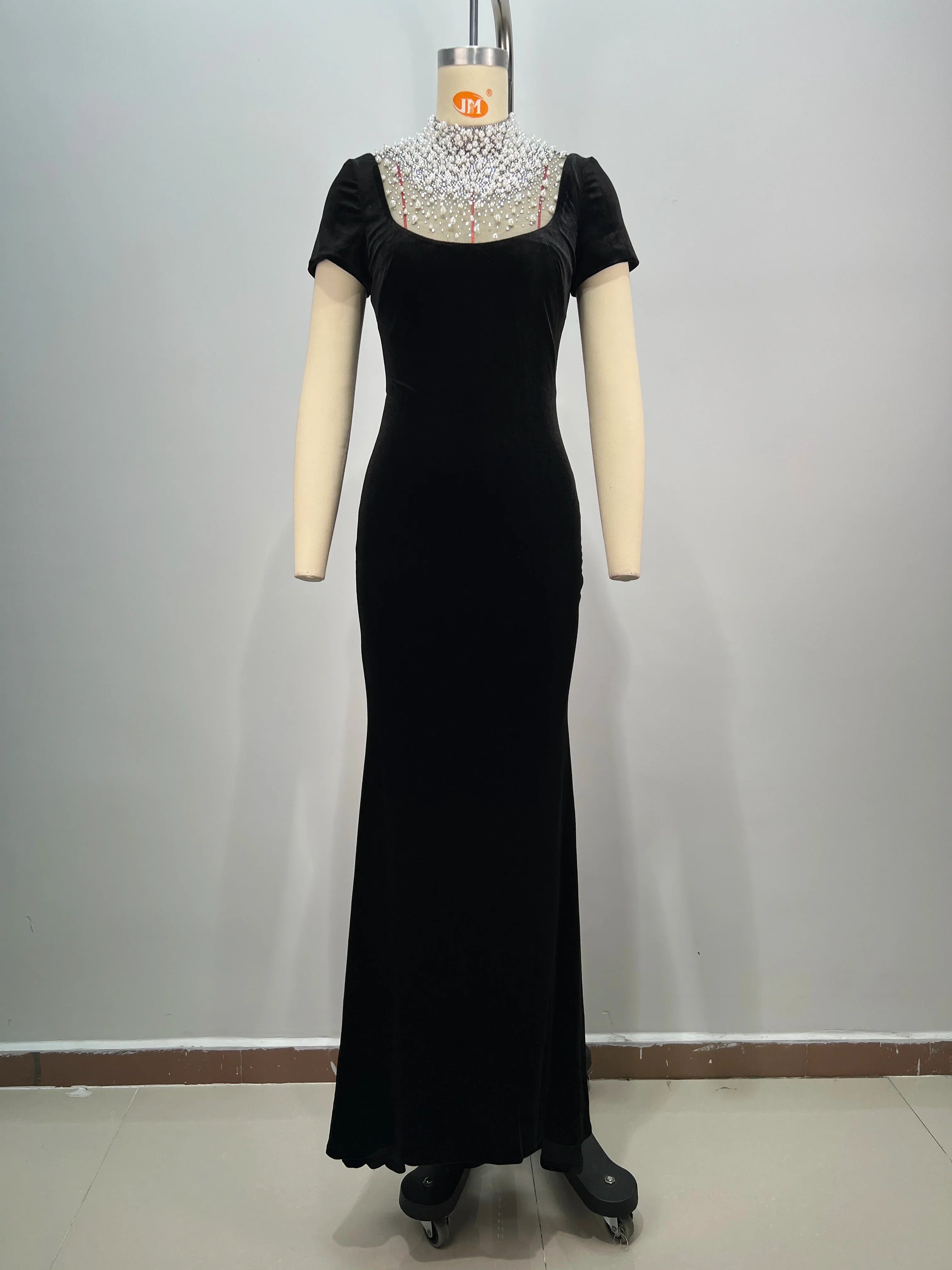 Women Short Sleeve Pearl Beading Velvet Bodycon Long Dress Elegant Evening Party Celebrate Cocktail Dress