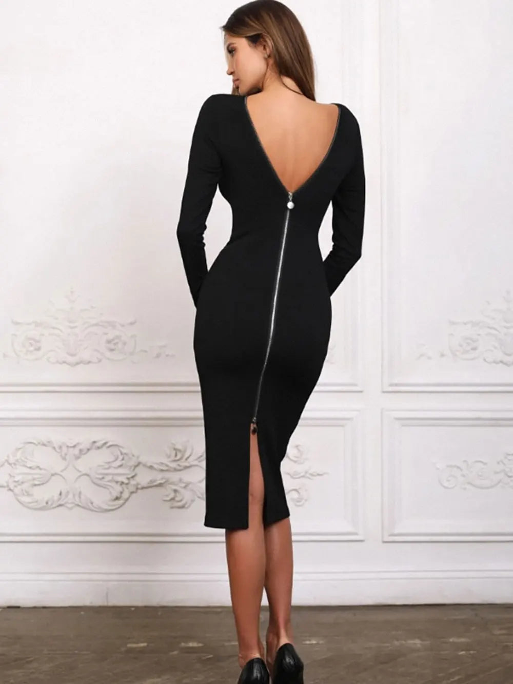 2024 Sexy Women's Dress Front and Back Wearable O-neck Long sleeved Bodycon Zipper Design Midi Dresses  Evening Party Vestidos