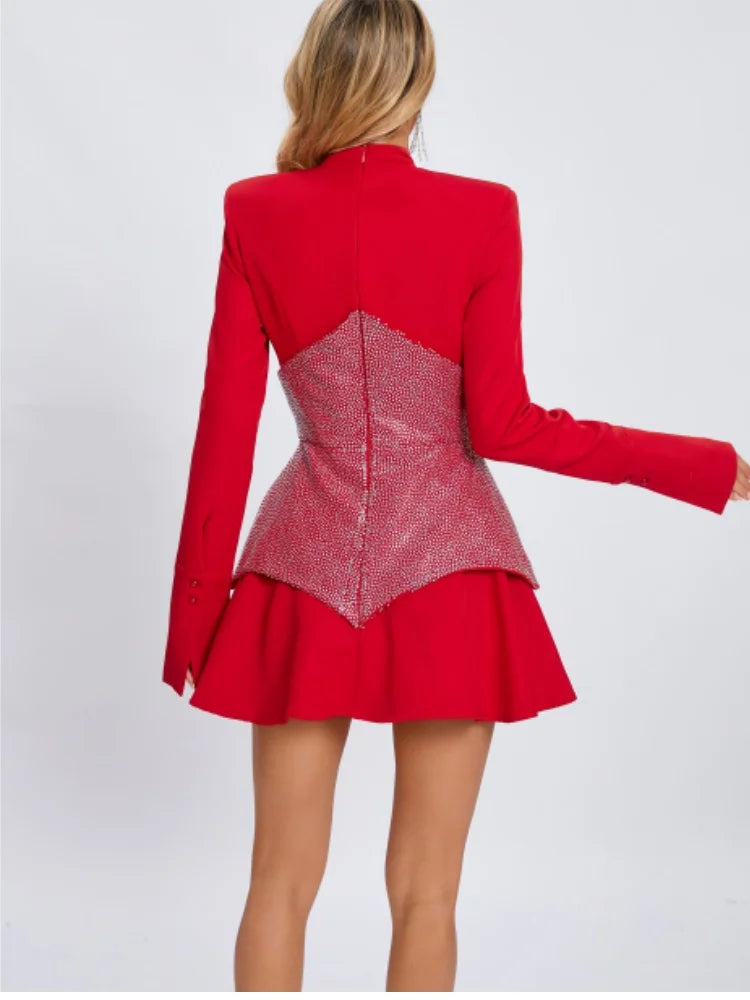 Black Red Women Long Sleeve Shinning Rhinestones A-Line Mini Dress Christmas Nightclub Party Celebrate Dress