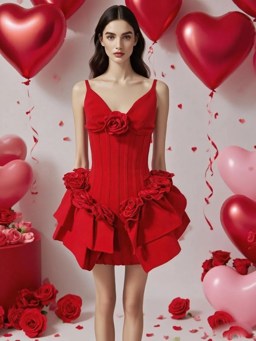 Red Color Women Sleeveless Florals Sexy V-Neck Bodycon Mini Bandage Dress Nightclub Party Celebrate Christmas Wedding Outfit