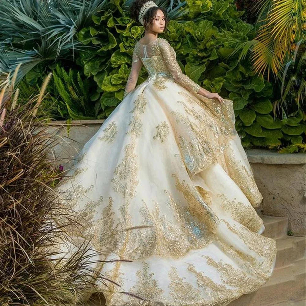 Customized  Gold Appliques Quinceanera Dresses Vestidos De 15 Anos Ball Gown Formal Birthday Party Prom Gown Corset