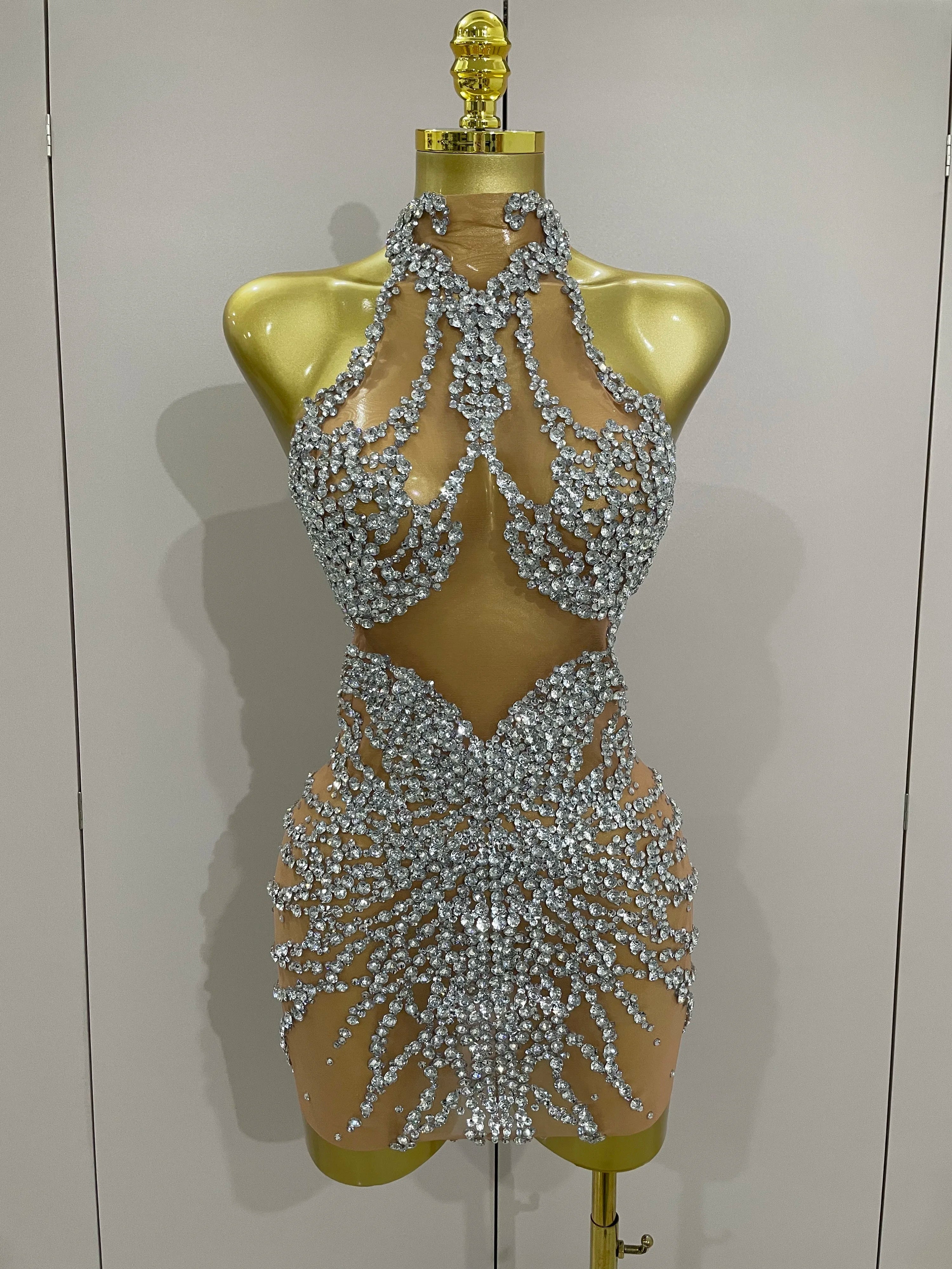 Luxury Sparkle Rhinestones Mesh Transparent Prom Dress Women Sexy Birthday Celebrate Party Club Prom Outfit Bar Costume Silver