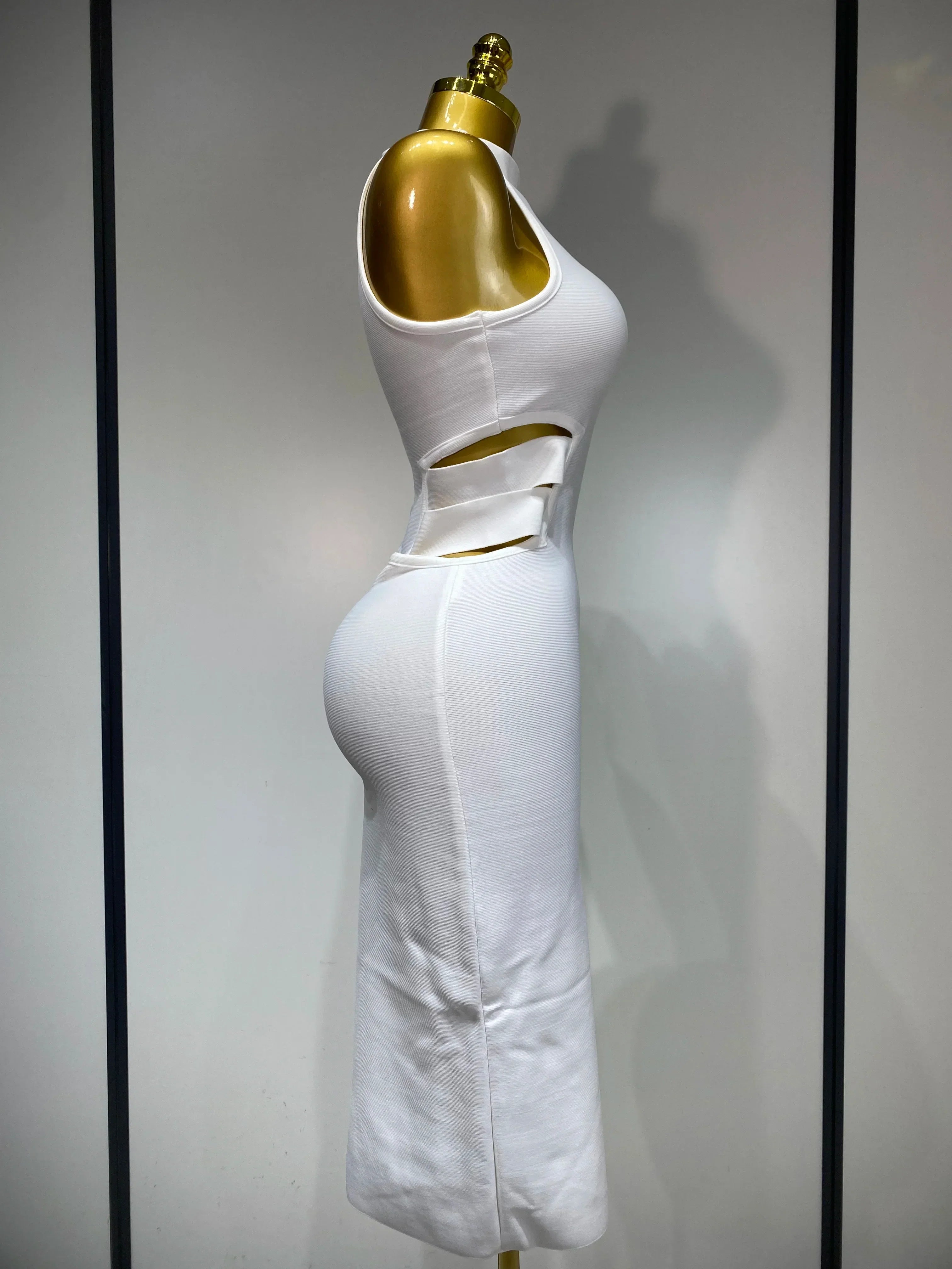 Women Sexy Turtleneck White Cut Out Midi Bodycon Bandage Dress  White Elegant Evening Party Dress Luxury Birthday Dress