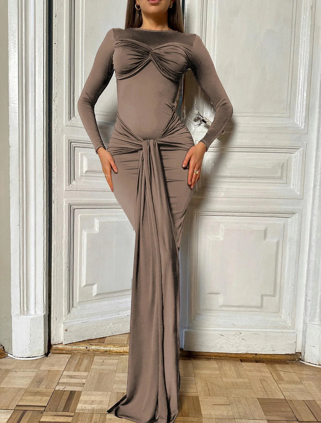 Women Celebrity Sexy O Neck Long Sleeve Gray White Maxi Long Gowns Dress 2024 Elegant Evening Party Club Vestido Brown