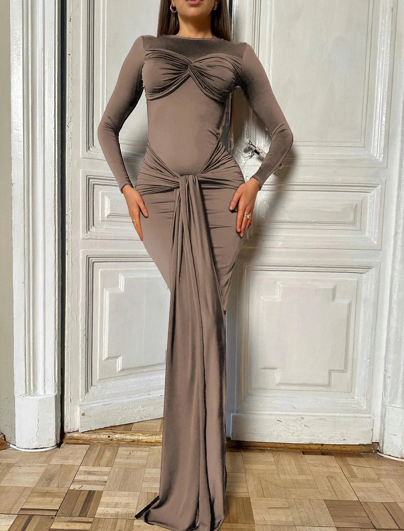 Women Celebrity Sexy O Neck Long Sleeve Gray White Maxi Long Gowns Dress 2024 Elegant Evening Party Club Vestido Brown