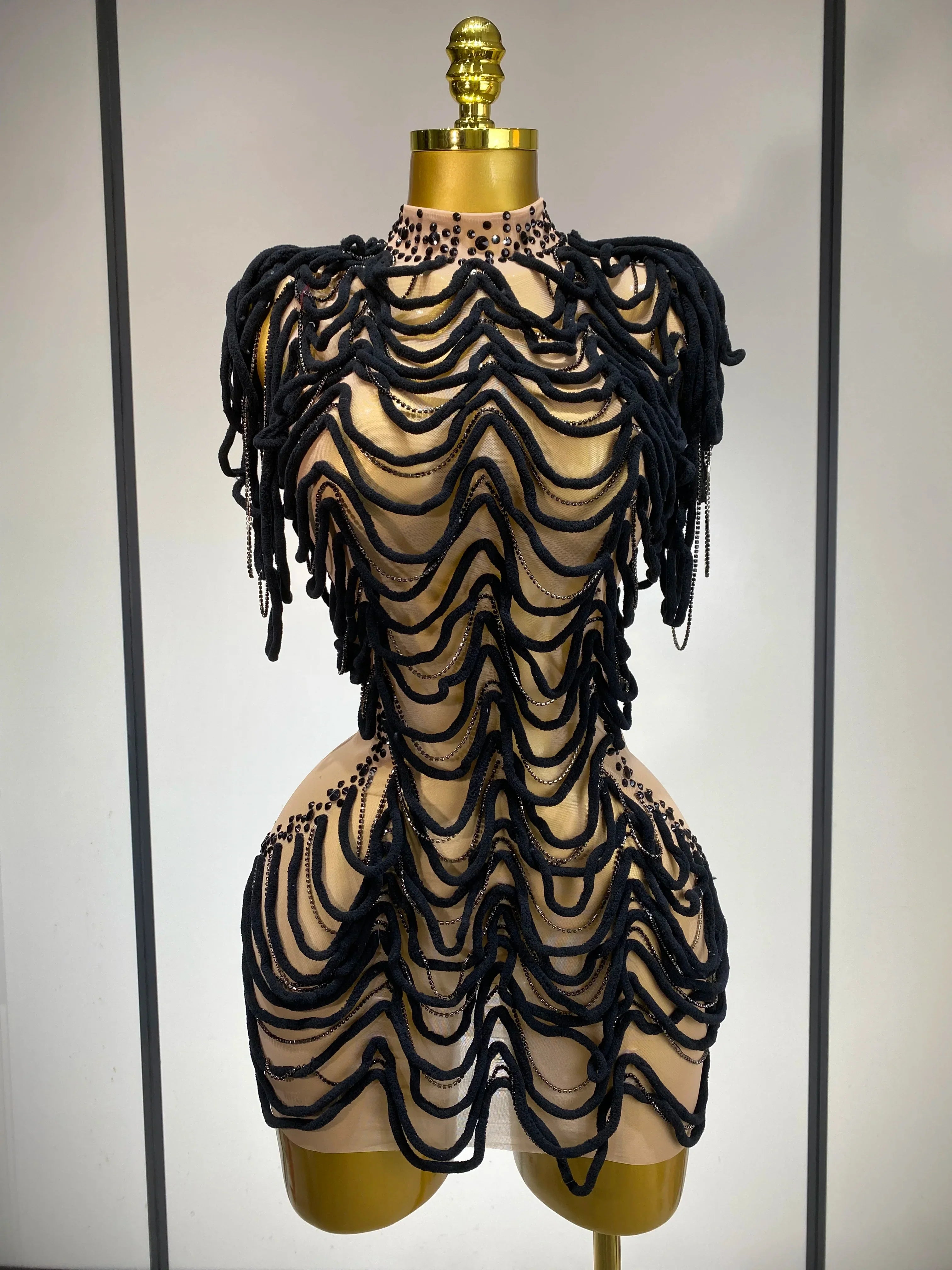 Women Sexy Mesh See Through Designer Rhinestones Chain Stage Performance Costume Nightclub Celebrate Party Luxury Birthday Dress black