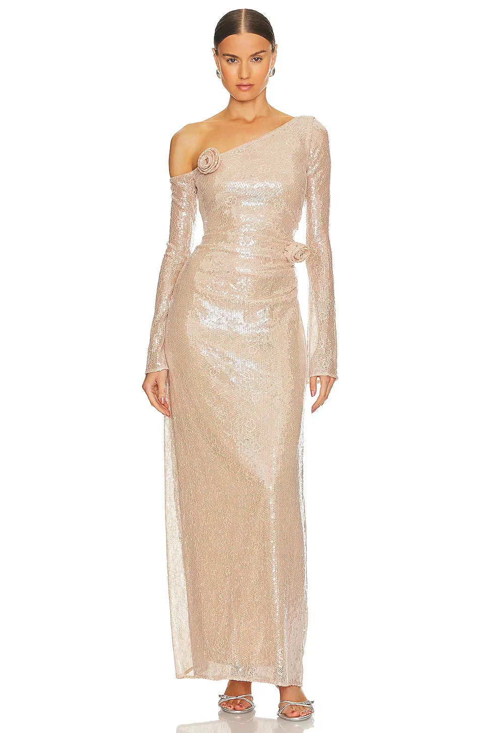 New Shinning Sequins Women Long Sleeve Off the Shoulder Bodycon Long Maxi Dress Fashion Celebrate Birthday Party Outfit Champagne