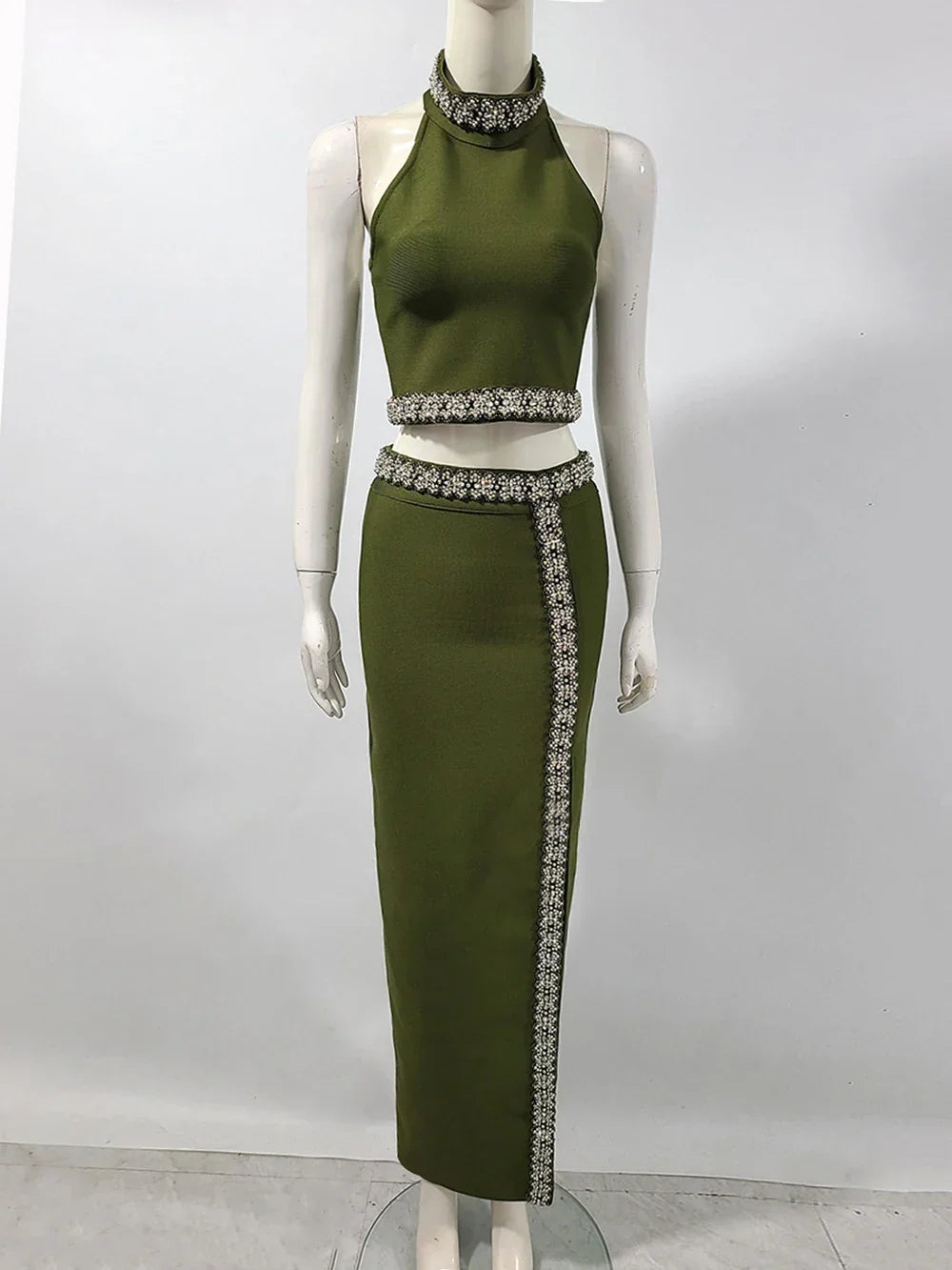 Black Army Green Bandage Two Pieces Sets Sexy Diamond Bead Halter Top Long Skirt Women Bodycon Clothing Elegant Party Sets