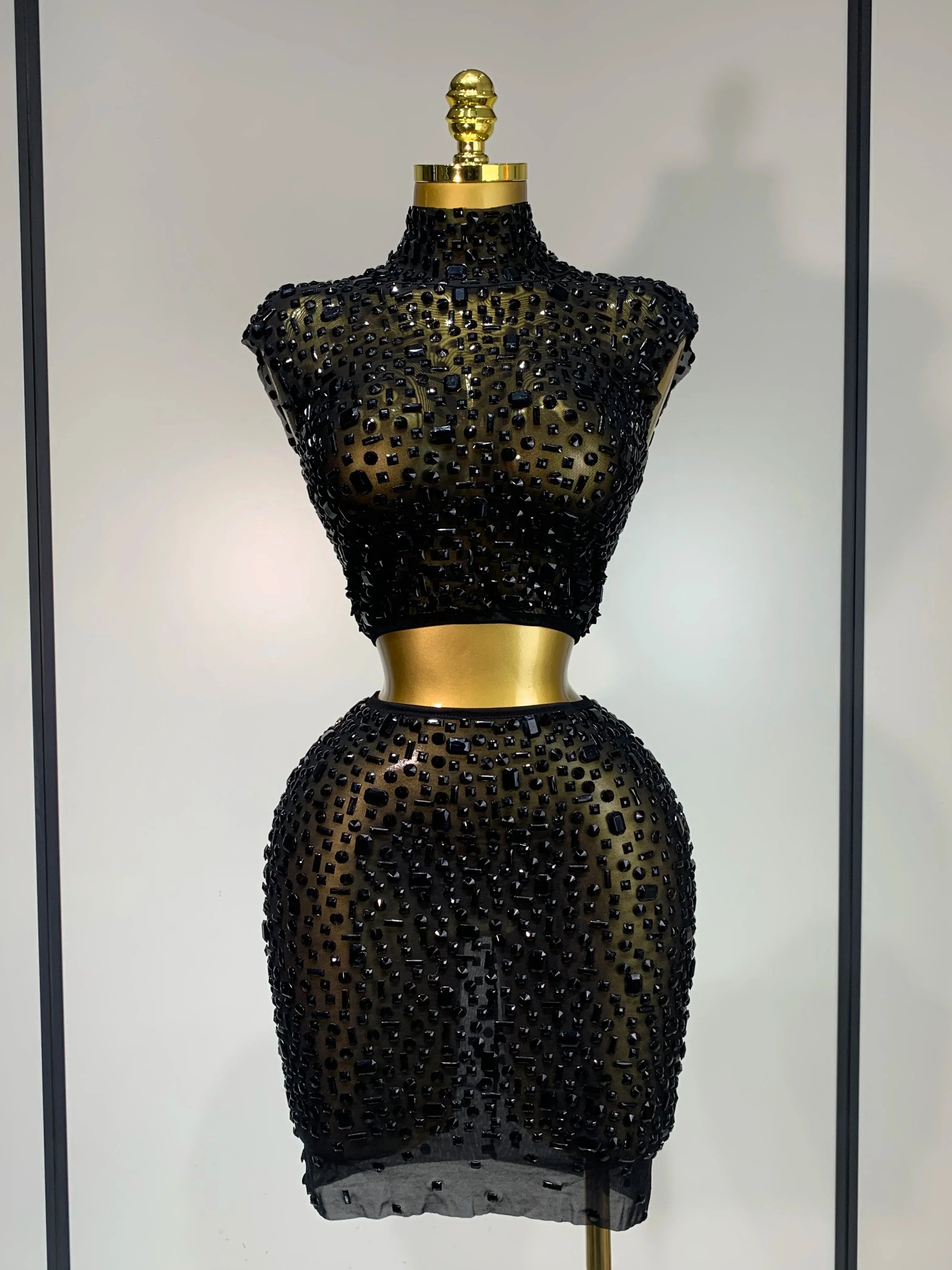Luxury Rhinestone Mesh See Through Celebrate Birthday Dress Sparkly Top Short Skirt Two Pieces Sets Performance Stage Costume black