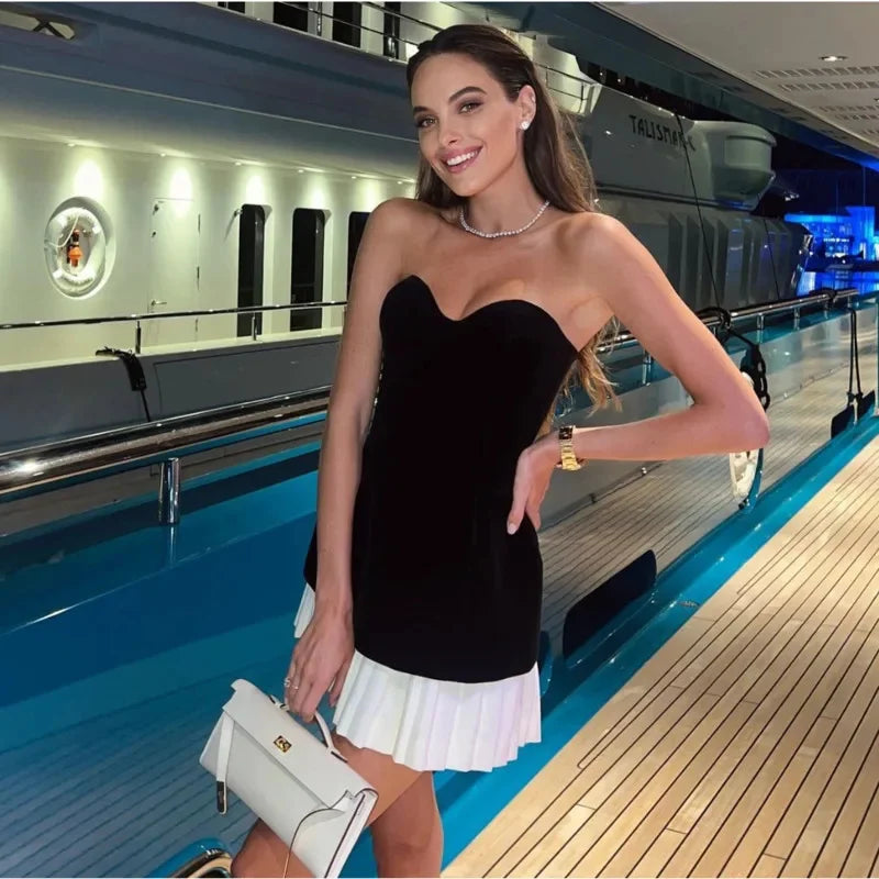 Sexy Strapless Velvet Patchwork Pleated Mini Dress Women Elegant Off Shoulder Backless Slim Vestidos Evening Party Gown