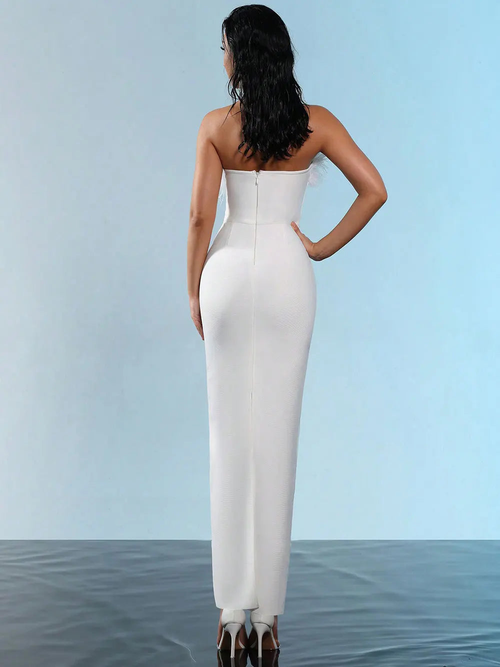 Spring Sexy Women Feather Design Bandage Dress Strapless Sleeveless Bodycon Backless Long Dress Evening Club Party Vestidos