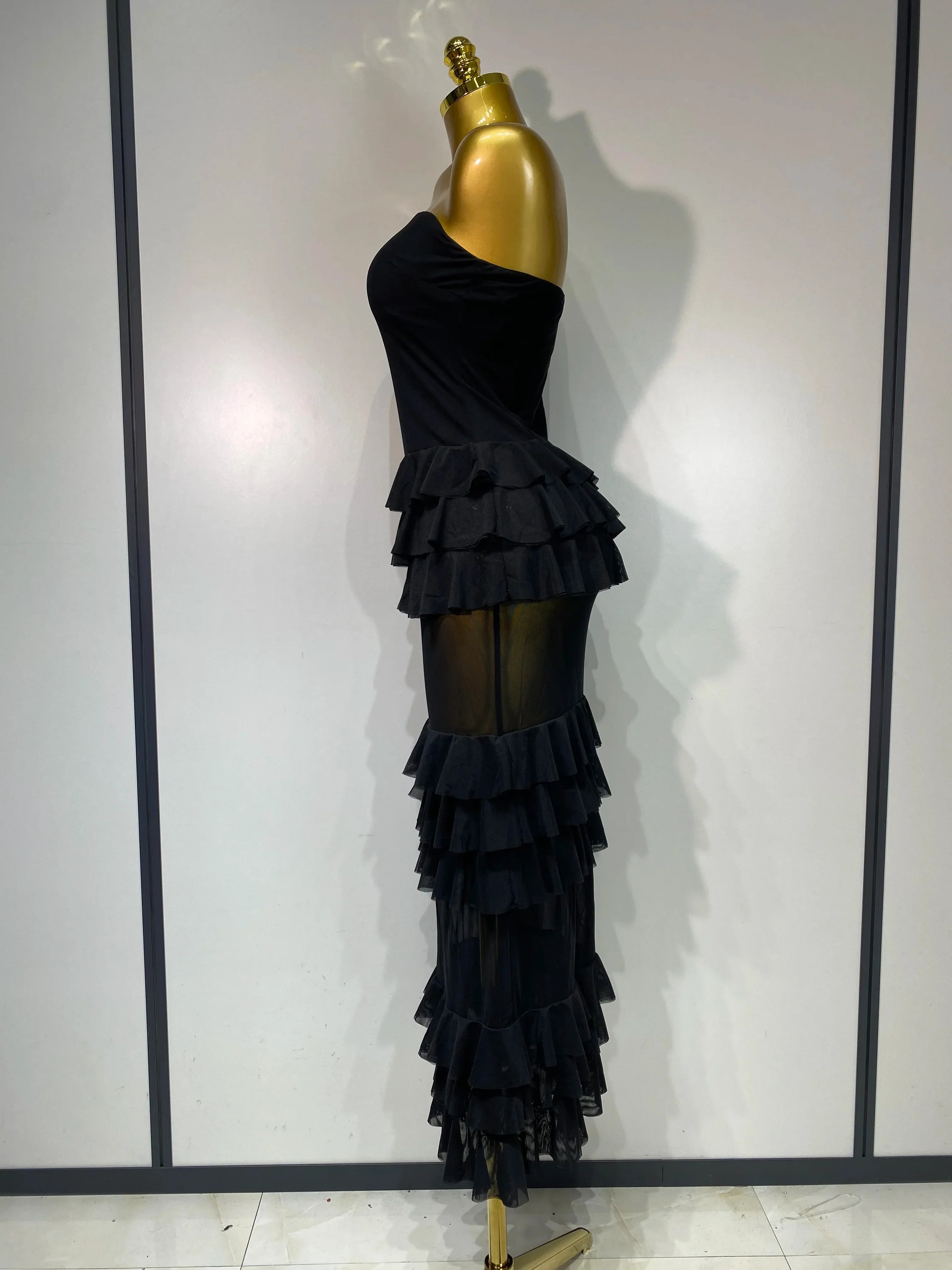 Women Sexy Strapless Ruffles Long Dress Black Backless Mesh See Through Design Dresses Evening Party Cocktail Birthday Dress