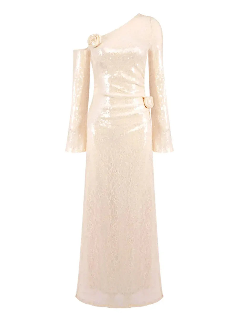 Sexy Women's 3D Flower Shining Glitter Maxi Dress with Diagonal Collar Long Sleeve Bodycon Long Dress Evening Club Vestidos Gold