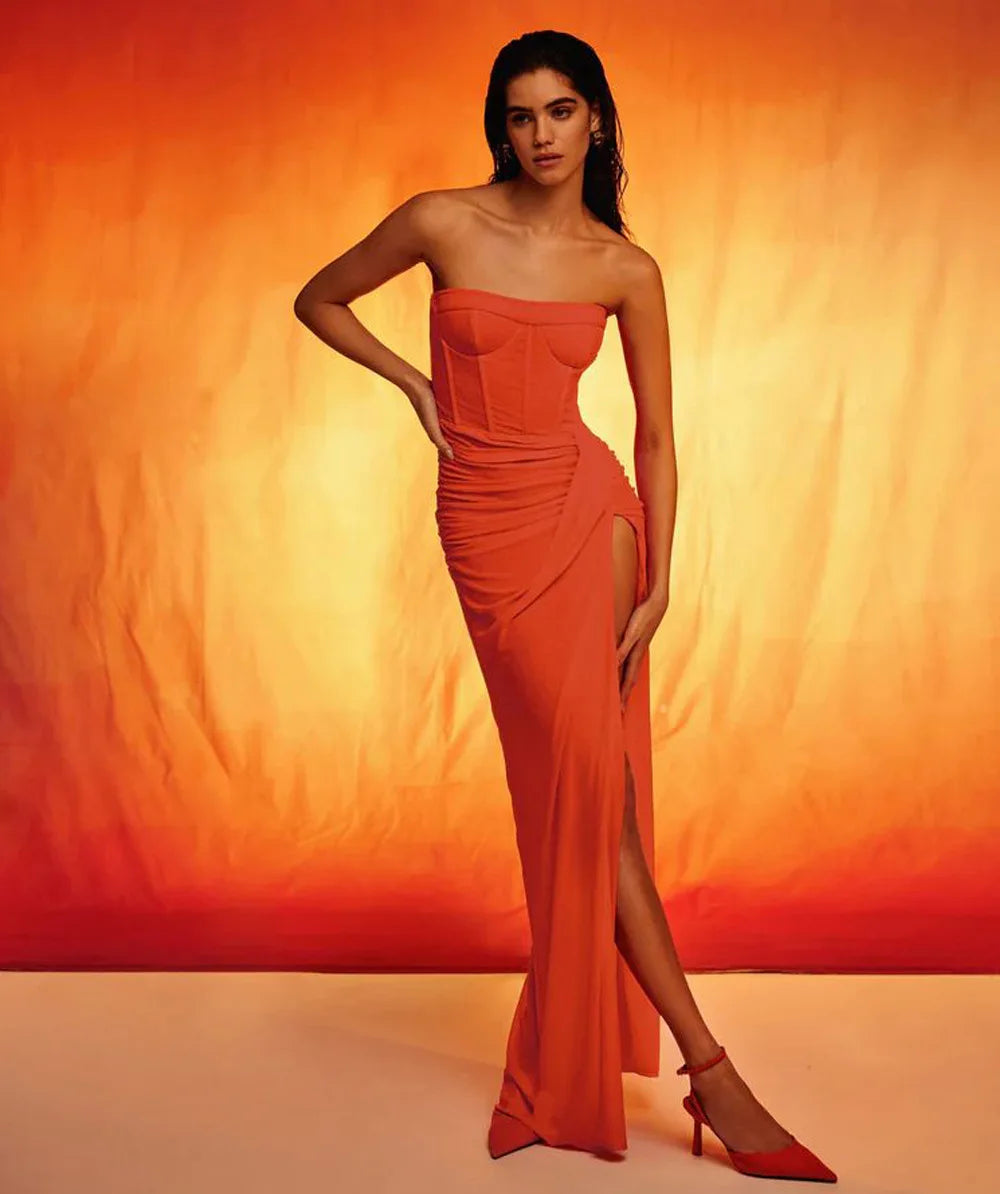 Summer Women Sexy Strapless Bodycon Mid-calf Bodycon High Split Dress Fashion Wedding Mermaid Celebrate Party Dress Red