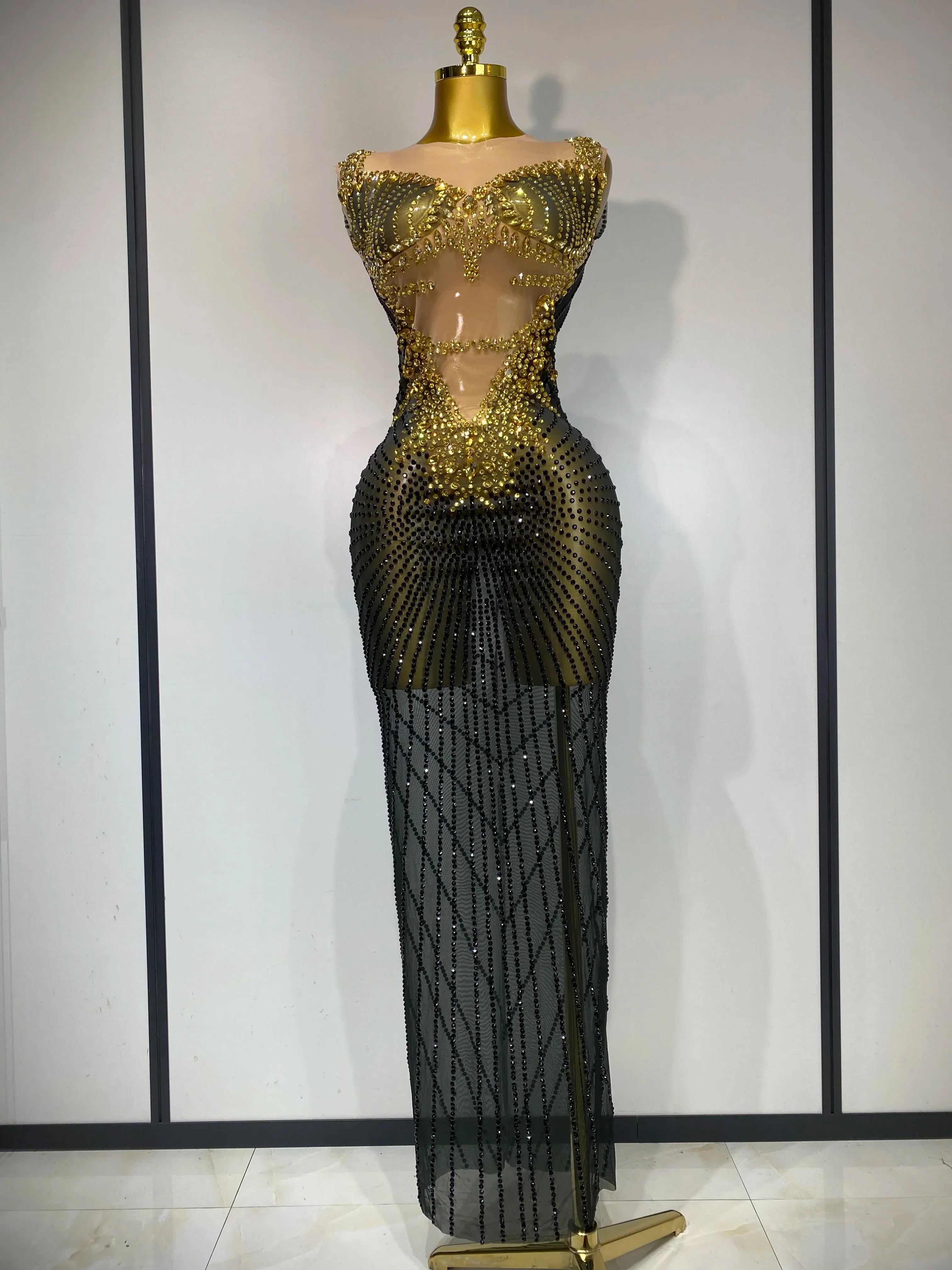 Women Sexy Sparkly Rhinestones Sleeveless Long Dress Club Birthday Celebrate Evening Photo Shoot Stage Performance Costume Black