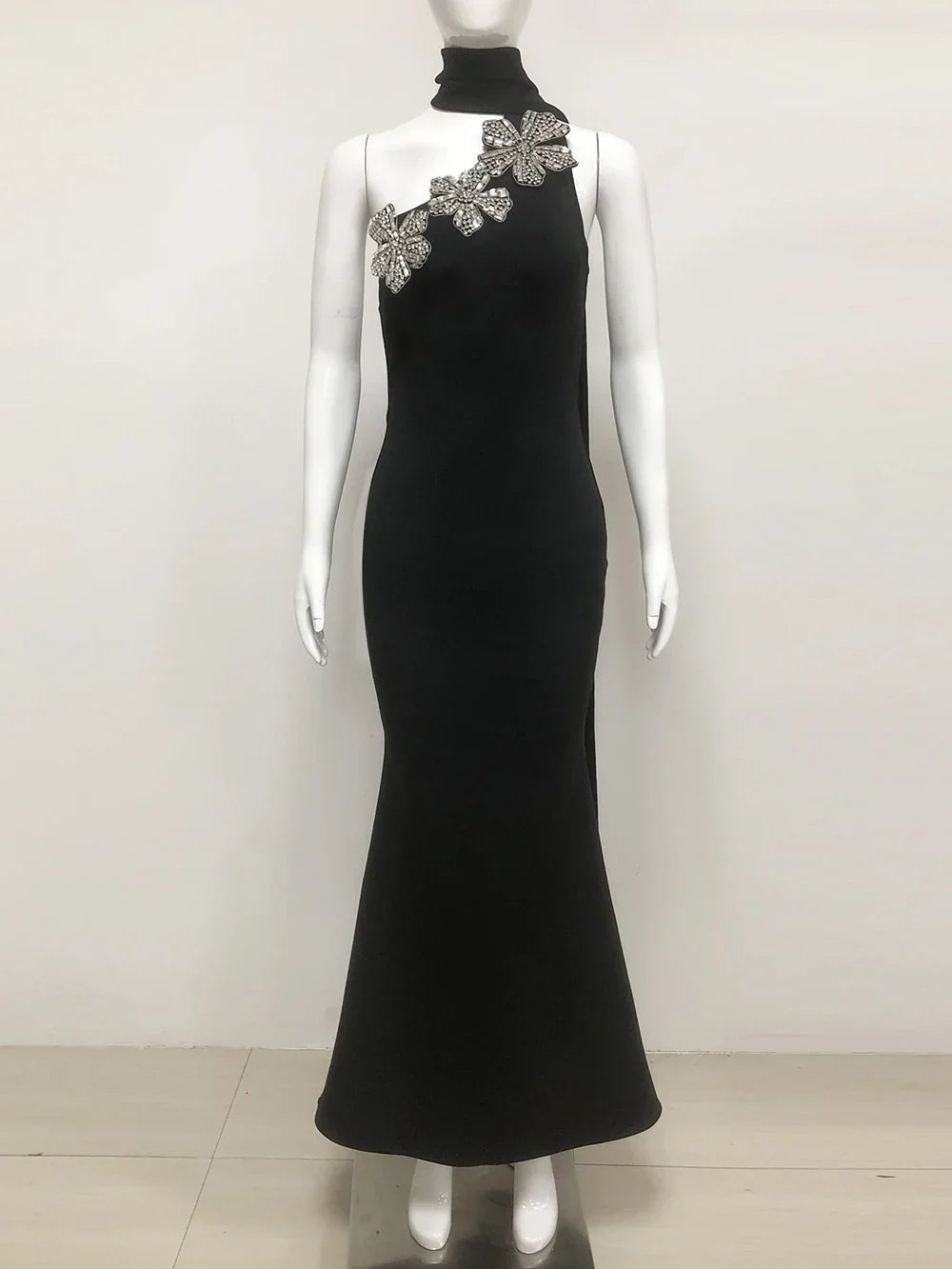 Elegant Solid Diamond Flower Bandage Women Halter Dress Off Shoulder Sleeveless Backless Slim Female Maxi Dresses Lady Robe