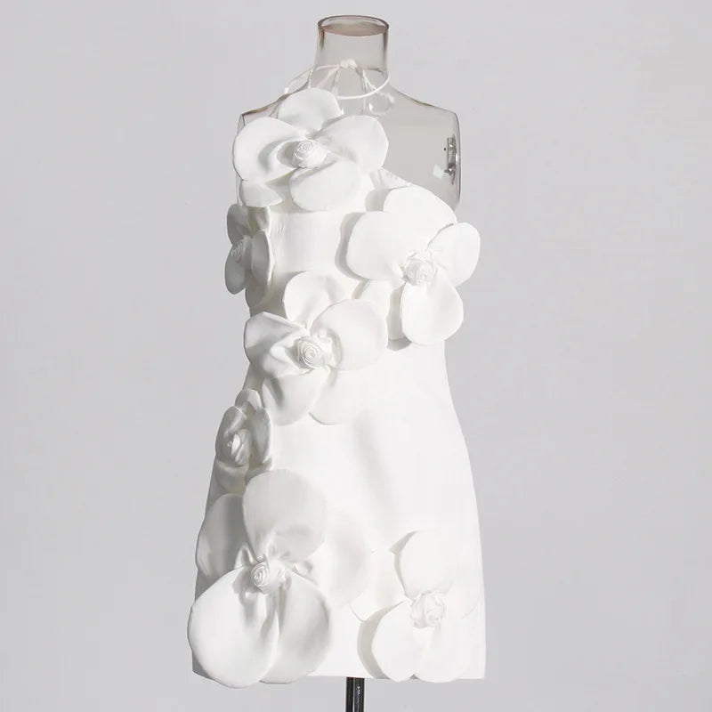 White Color Women Sexy Halter Backless Off the Shoulder Bodycon Mini Dress Florals Birthday Party Celebrate Vacation Dress
