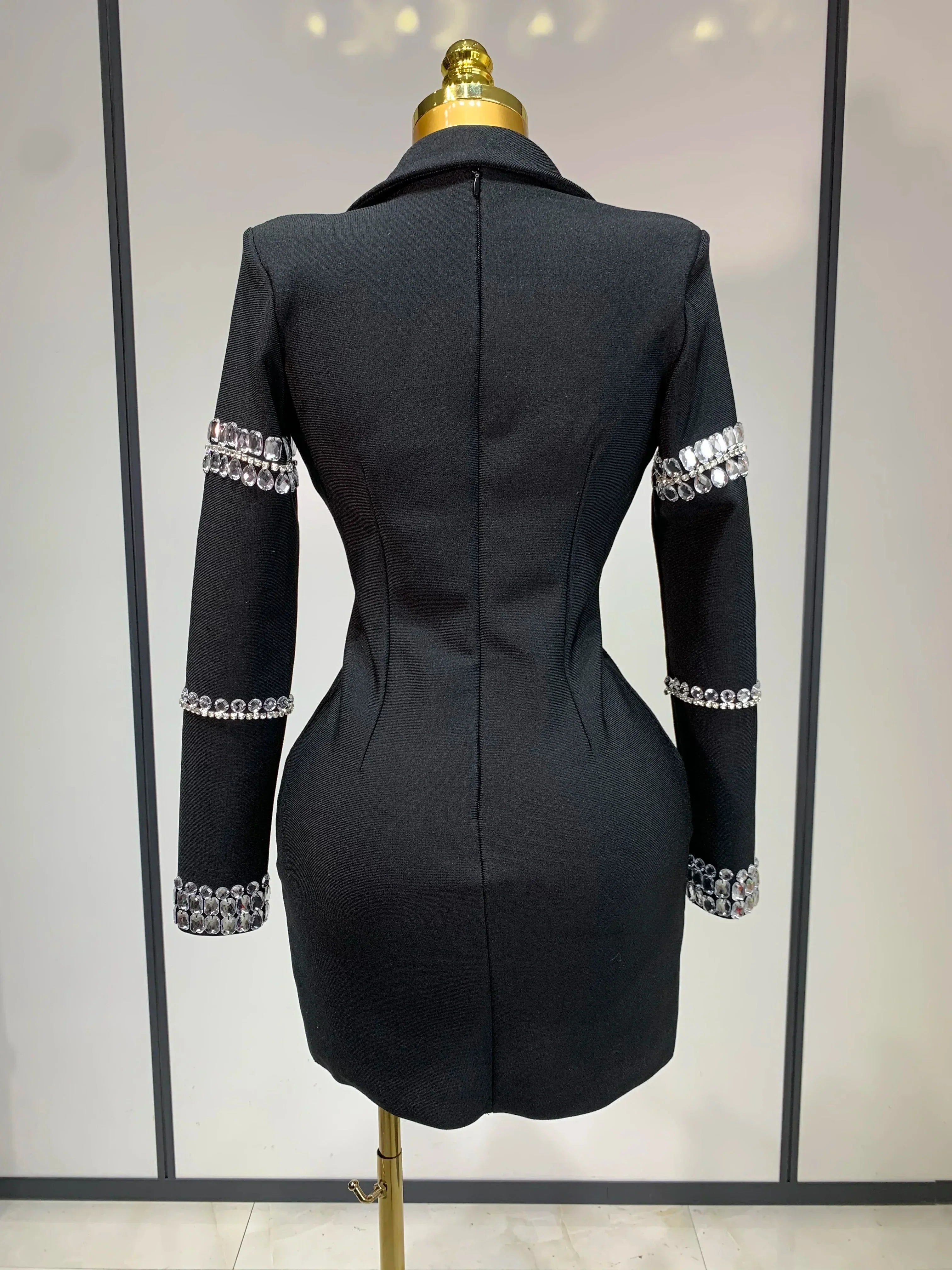 Women Sexy Long Sleeve V Neck Beading Rhinestone Mini Bodycon Bandage Dress  Celebrity  Elegant Evening Party Birthday Dress