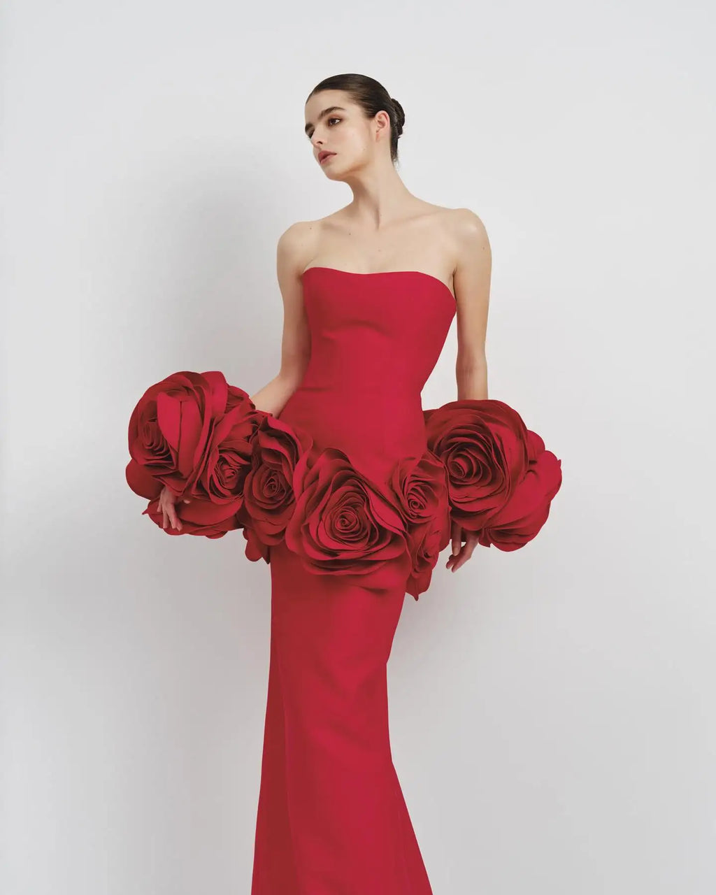 Stereoscopic Flowers Strapless Bandage Ankle Length Evening Dress Fashion Woman Birthday Party Dress Celebrity Party Outfit Red
