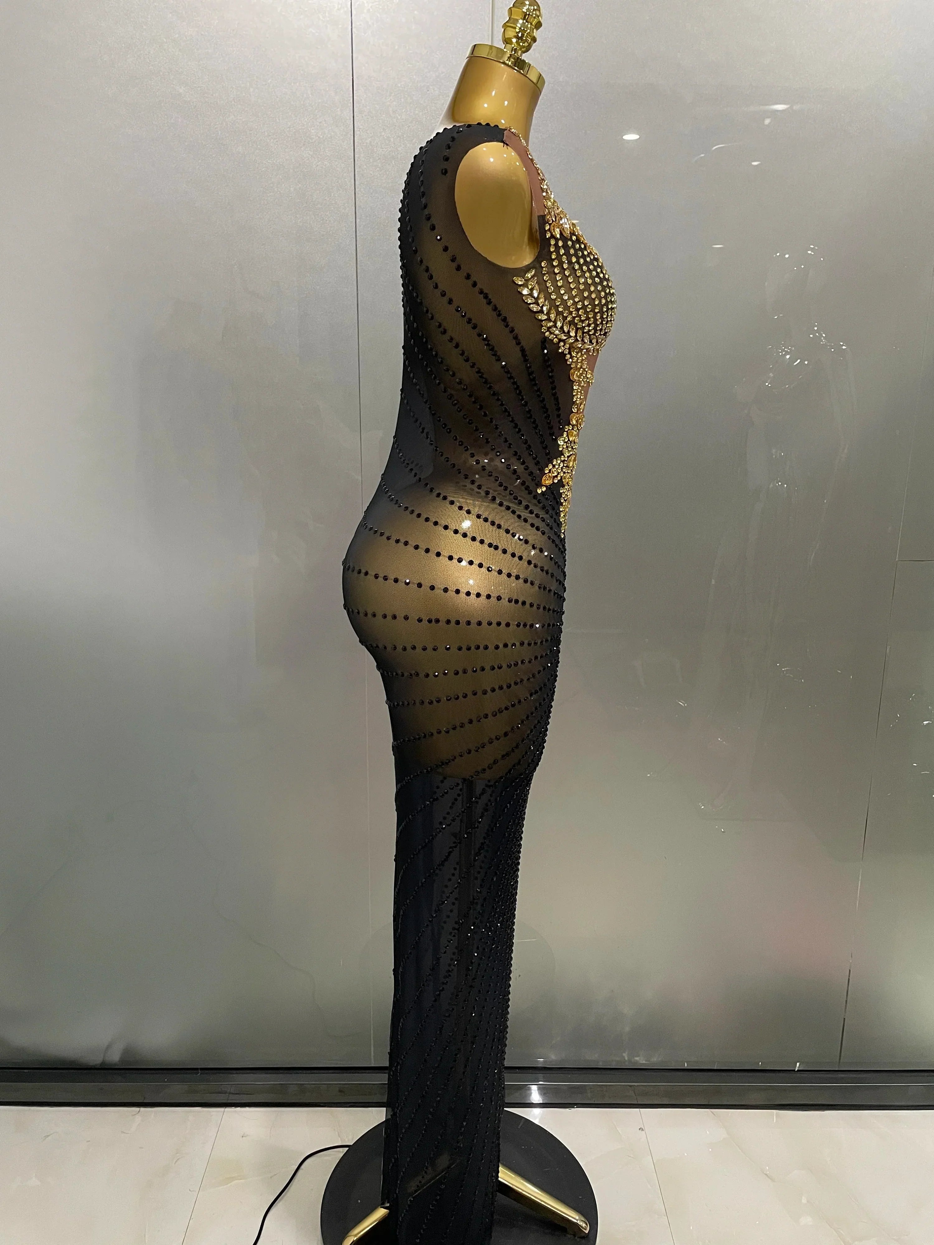 Sexy Sparkly Rhinestones Sleeveless Long Dress  Women Birthday Celebrate Evening Photo Shoot Stage Performance Costume