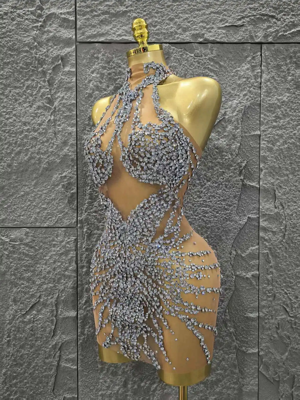 Women Sleeveless Sexy Off the Shoulder Shinning Crystal Bodycon Mini Dress Mesh See Through Celebrate Nightclub Party Stage Wear