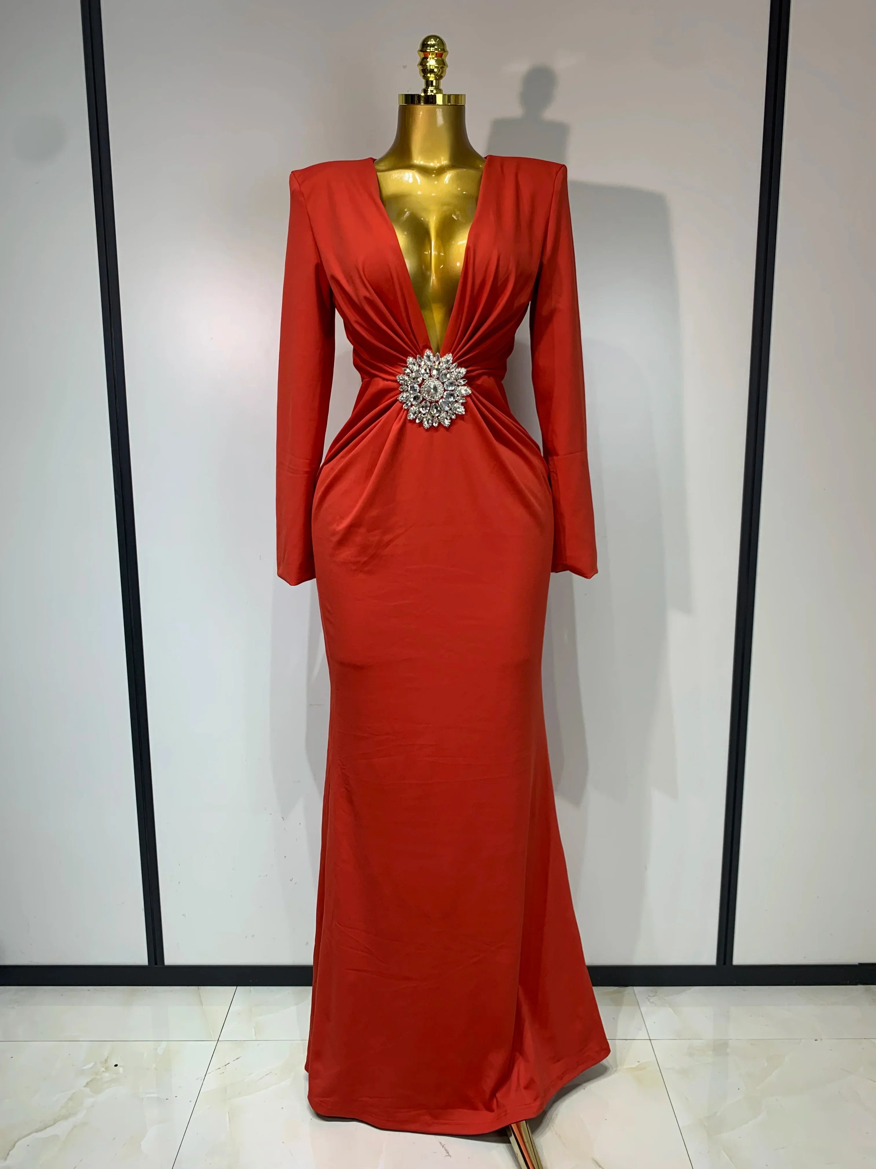 Women Sexy Deep V Neck Long Sleeves Maxi Dresses Celebrity Elegant Evening Party Luxury Birthday Wedding Guest Cocktail Gowns Red
