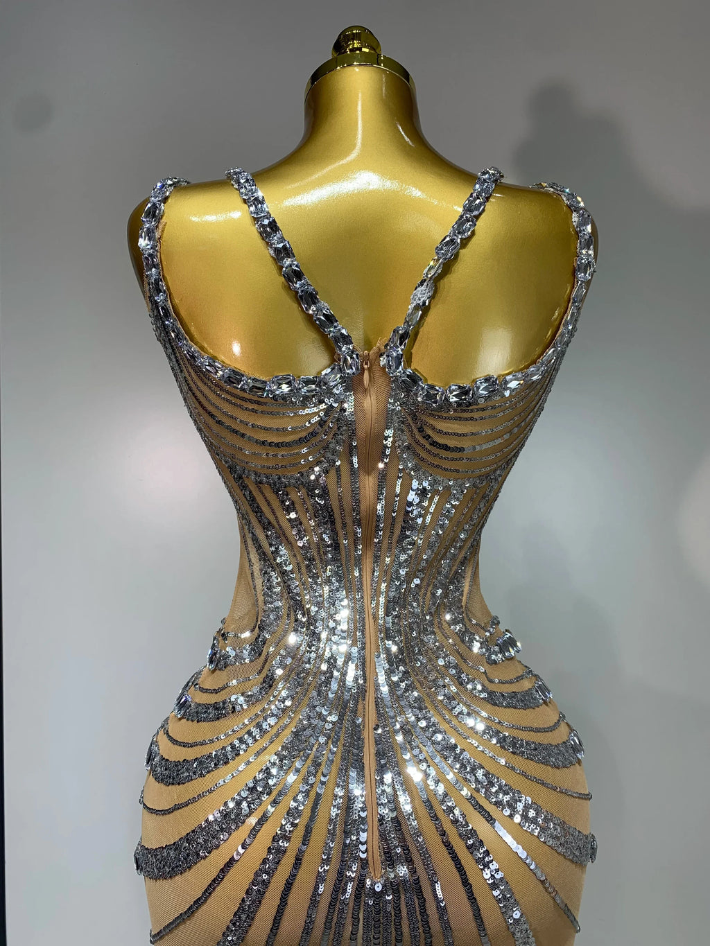 Sexy Silver Rhinestone White Mesh See Through Long Dress Women Luxury Birthday Party Prom Gown Singer Nightclub Stage Outfit