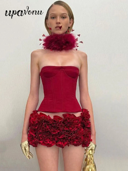 2024 Sexy Women'S Floral Mini Skirt Set Strapless Sleeveless Fishbone Backless Drawstring Vest+Mini Skirt Two-Piece Set