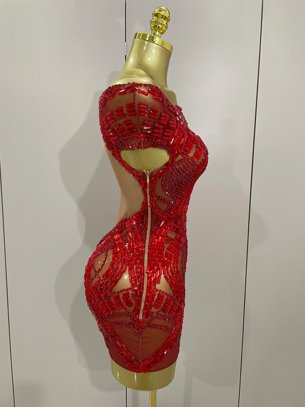 Shining Red Rhinestones Sexy Mesh See-Through Mini Dress Women Celebrate Evening Prom Birthday Party Dress Stage Shoot Wear