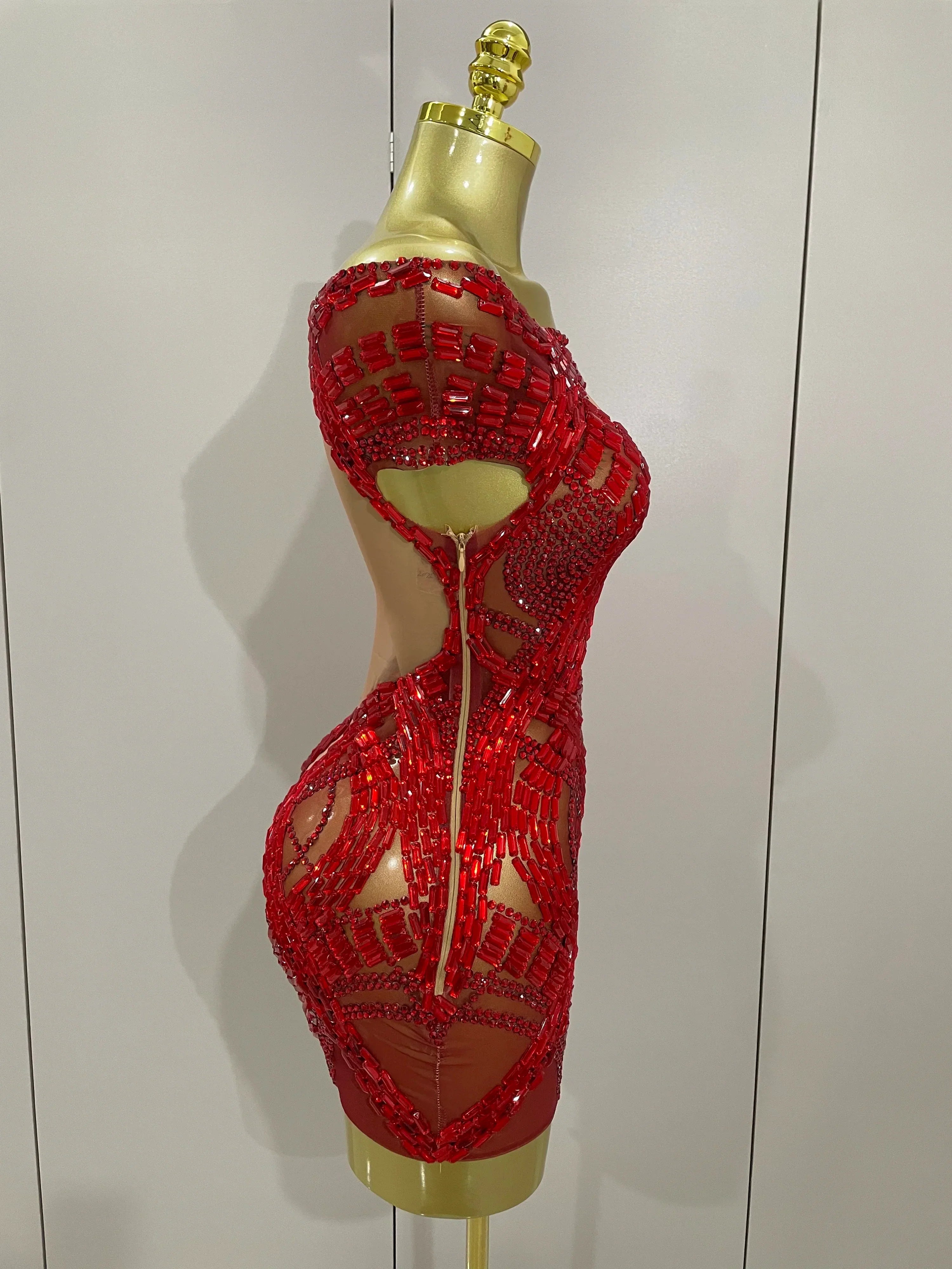 Shining Red Rhinestones Sexy Mesh See-Through Mini Dress Women Celebrate Evening Prom Birthday Party Dress Stage Shoot Wear
