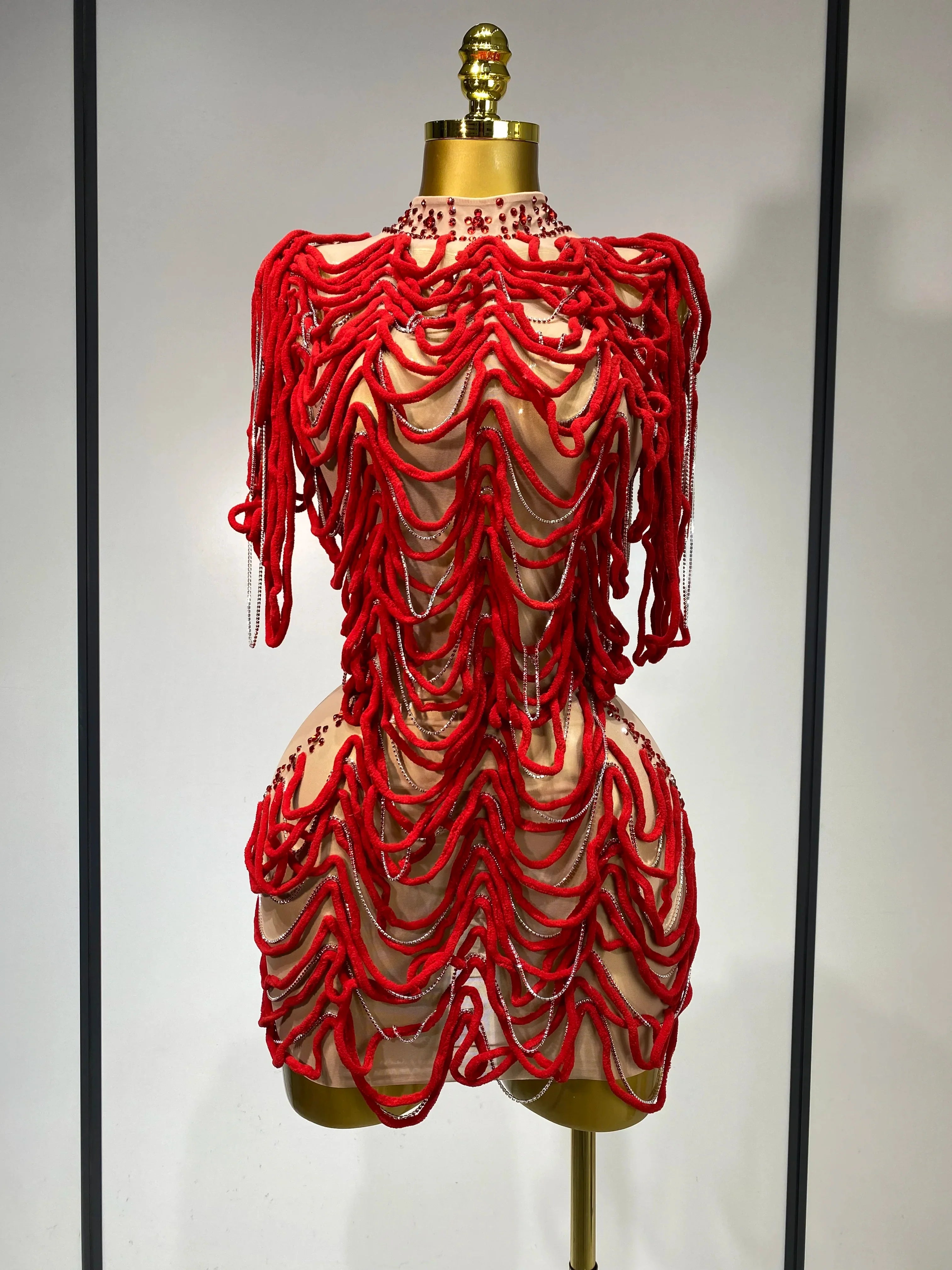 Women Mesh Elastic Sexy Tight Fitting Sparkly Diamond Chain Short Dress Nightclub Luxury Birthday Stage Performance Costumes Red
