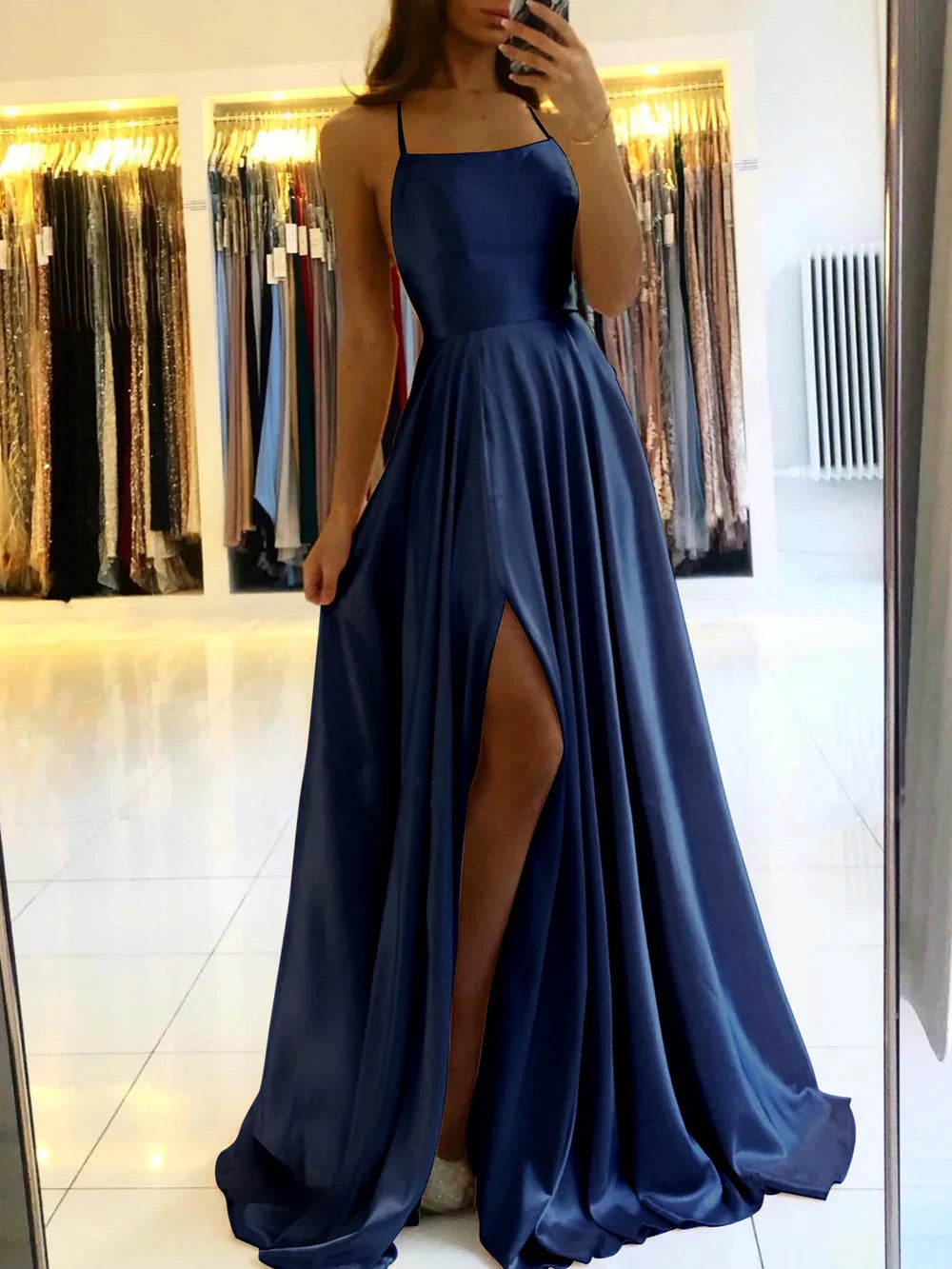 Blue Satin Spaghetti ALine Prom Dress