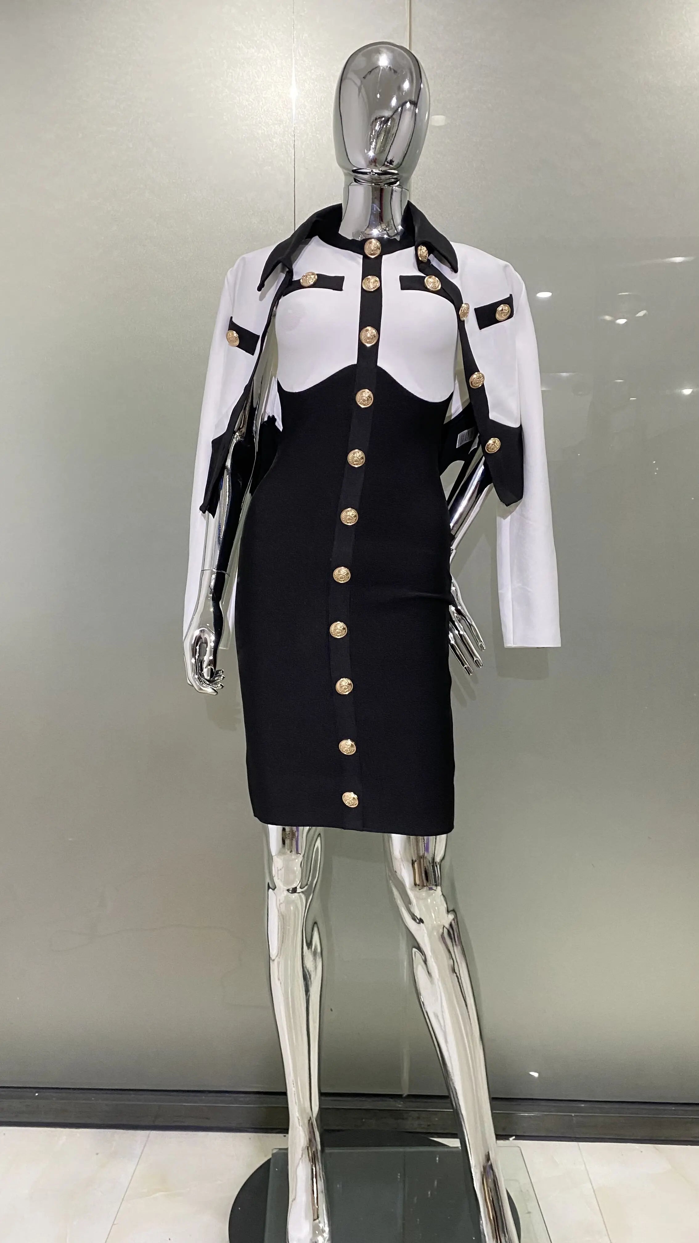 Arrivals Fashionable  Women's Bandage Set Golden Buttons White Patchwork Black Coat And Sleeveless Bodycon MIini Dress