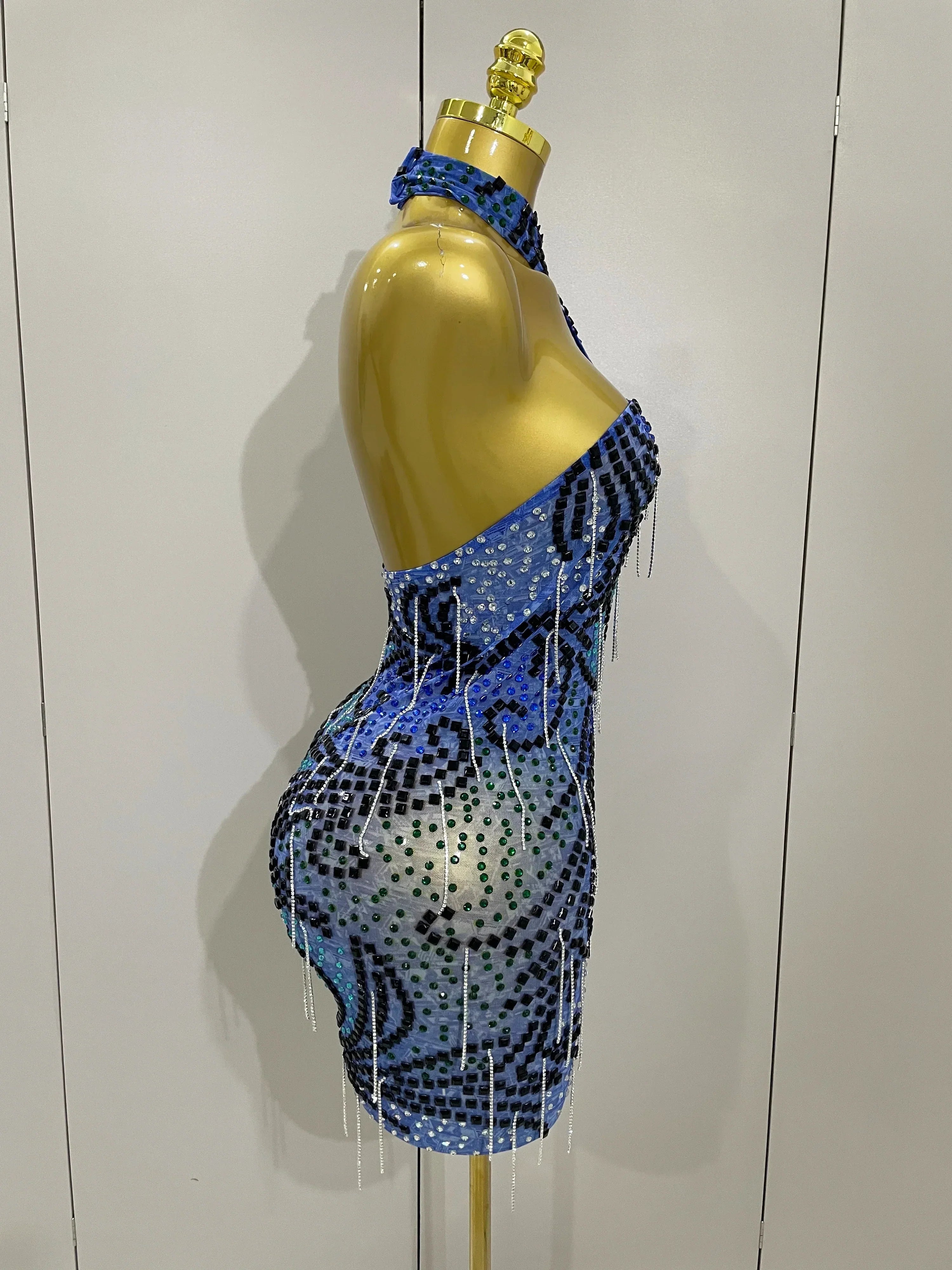 Sexy Sparkly Rhinestones Chains Blue Mesh Short Dress  Women Party Celebrate Birthday Dresses Photo Shoot Stage Wear