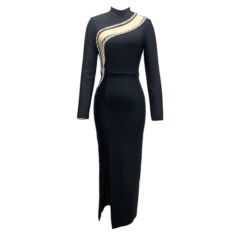 Black Color Women Long Sleeve Shinning Crystal Bodycon Bandage Long Dress Fashion Evening Party Celebrate Dress black