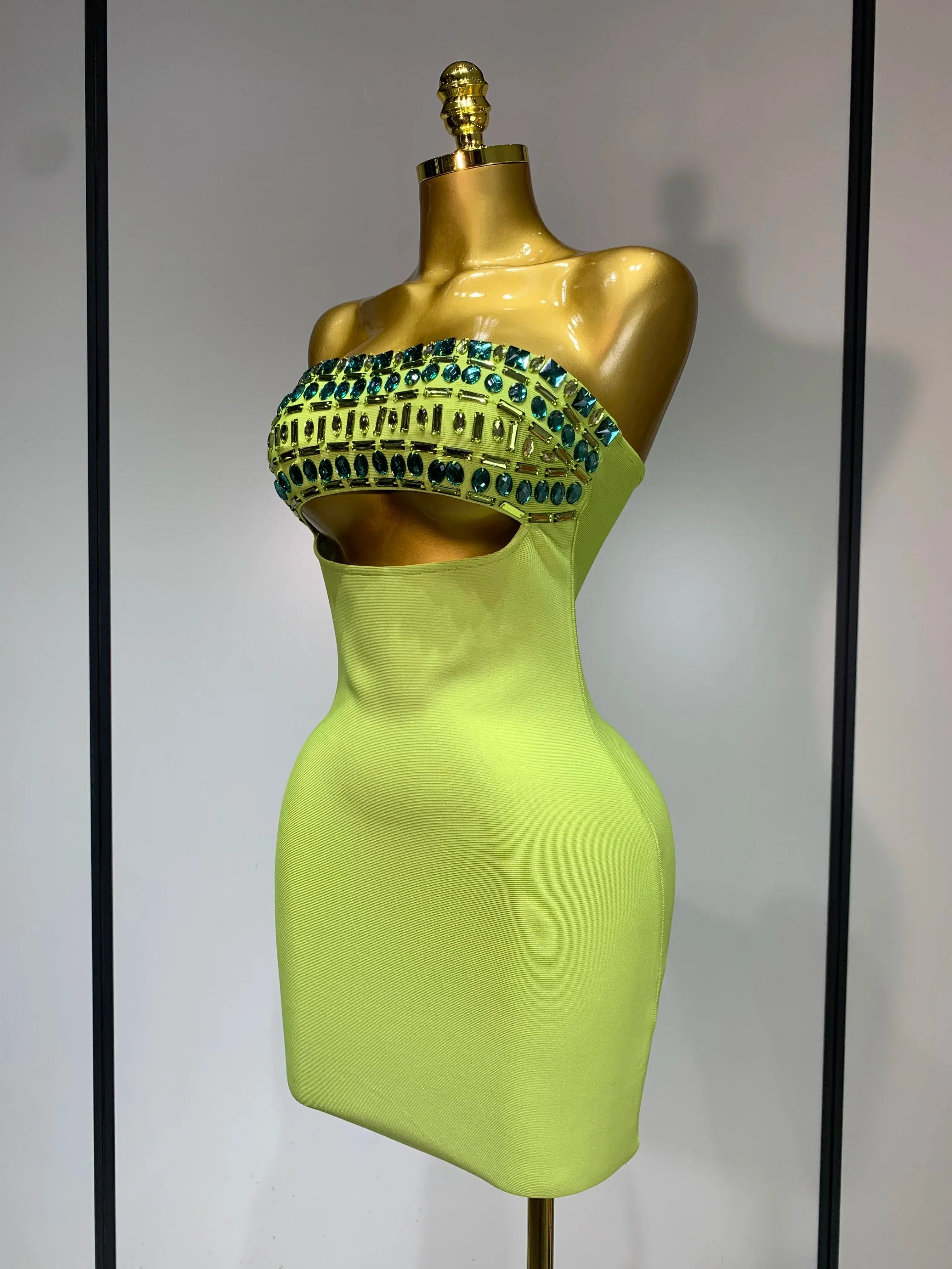 Women Celebrity Luxury Sexy Strapless Sparkly Diamond Cut Out Bodycon Bandage Dress Elegant Evening Club Party Birthday Outfit